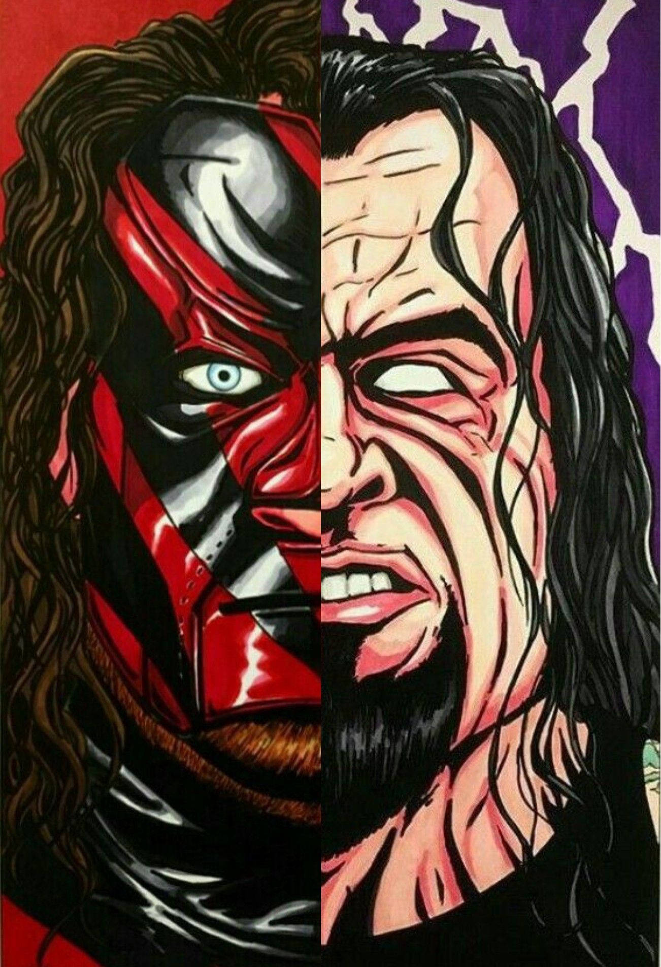 送葬者與康恩藝術 壁紙 — 以漫畫風格呈現的 The Undertaker 和 Kane 的分割肖像，背景為紅色和紫色。