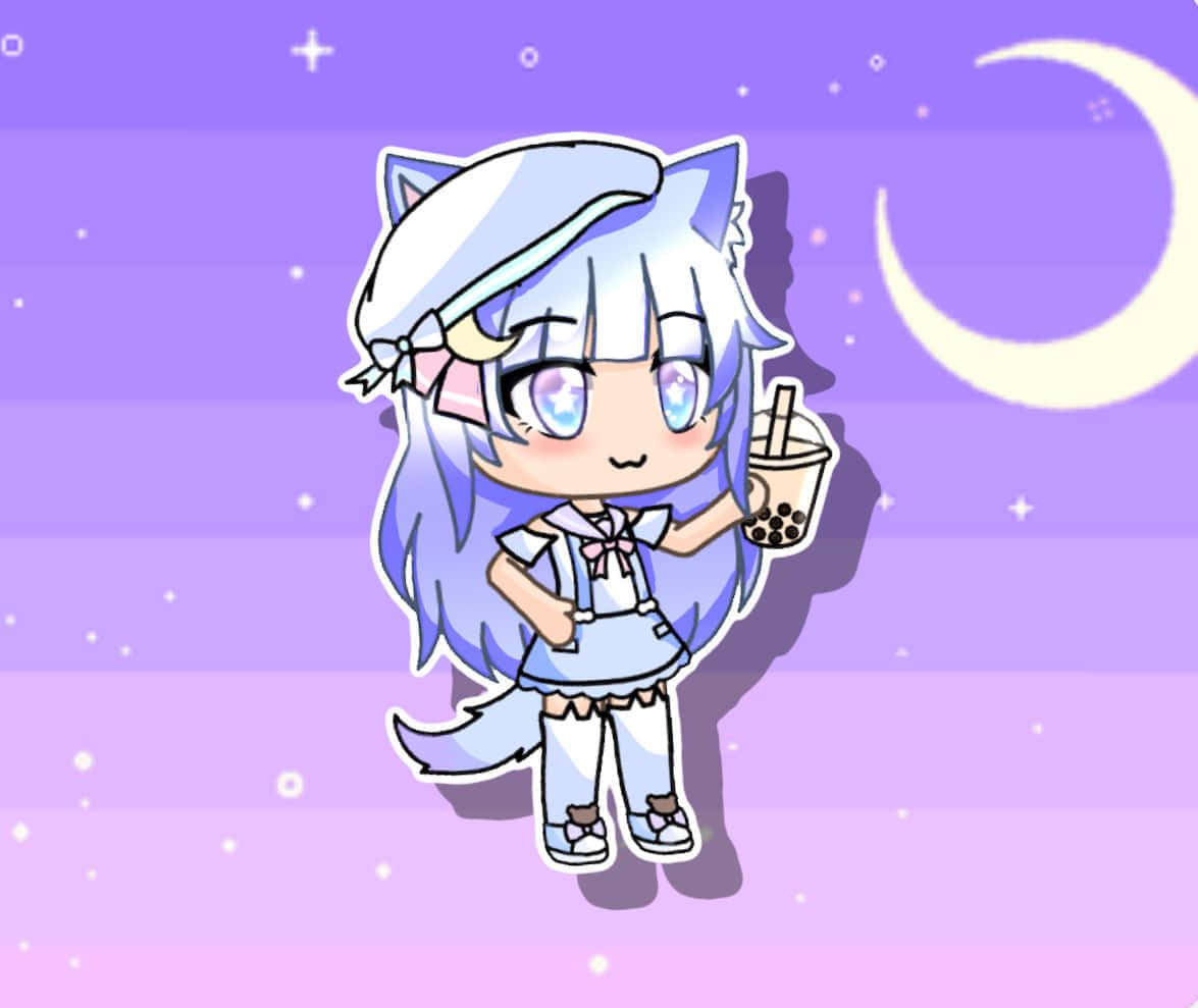 藍髮貓耳的可愛動漫女孩在月亮和星星下拿著泡泡茶。