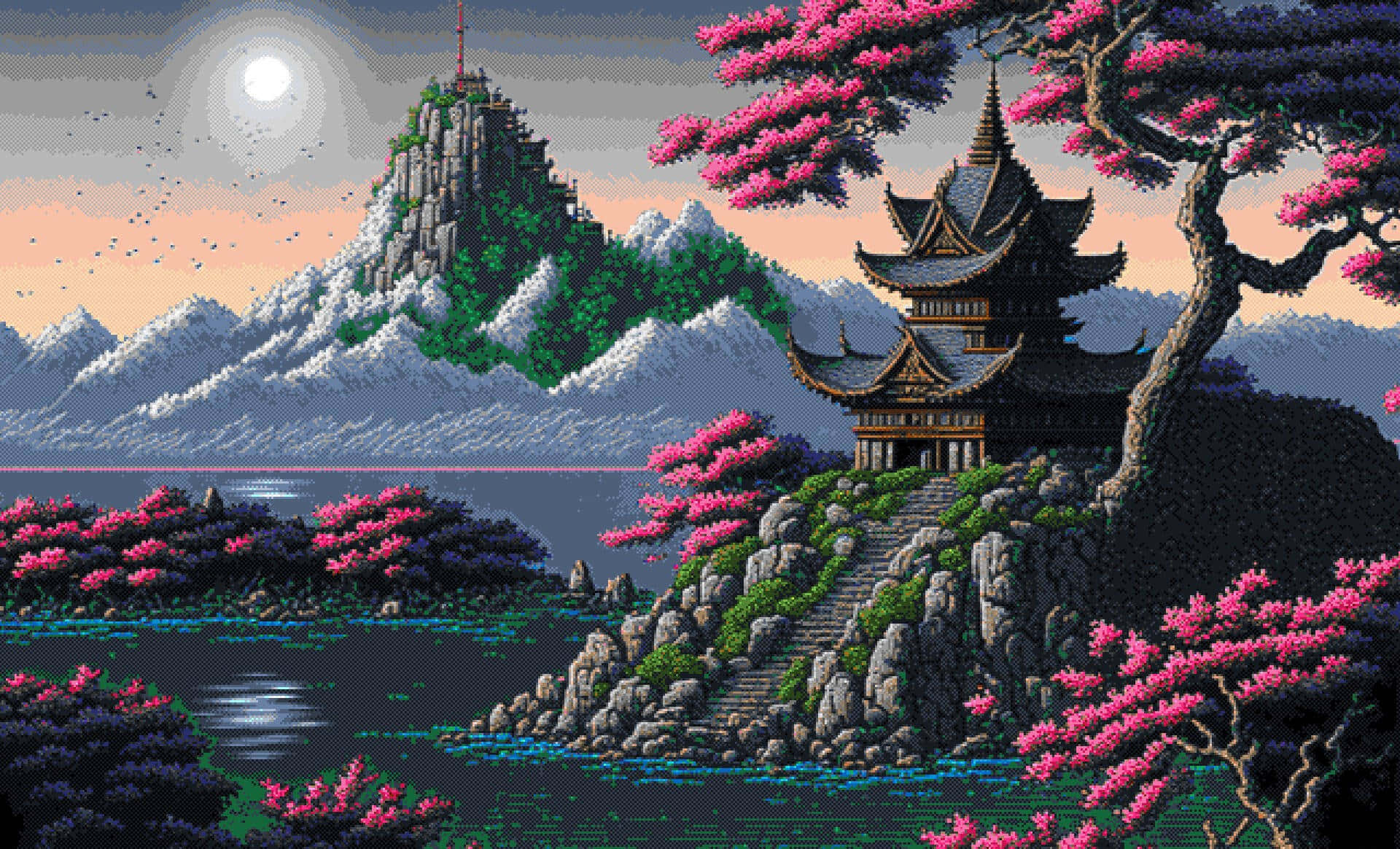 懸崖上的寺廟，櫻花和山湖，滿月下。