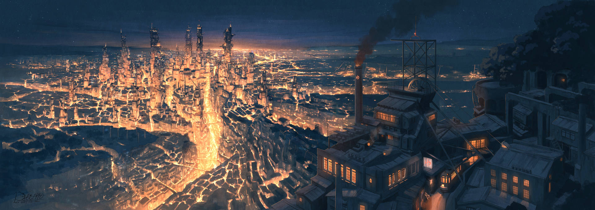 未來城市夜景，閃爍燈光與工業塔樓。