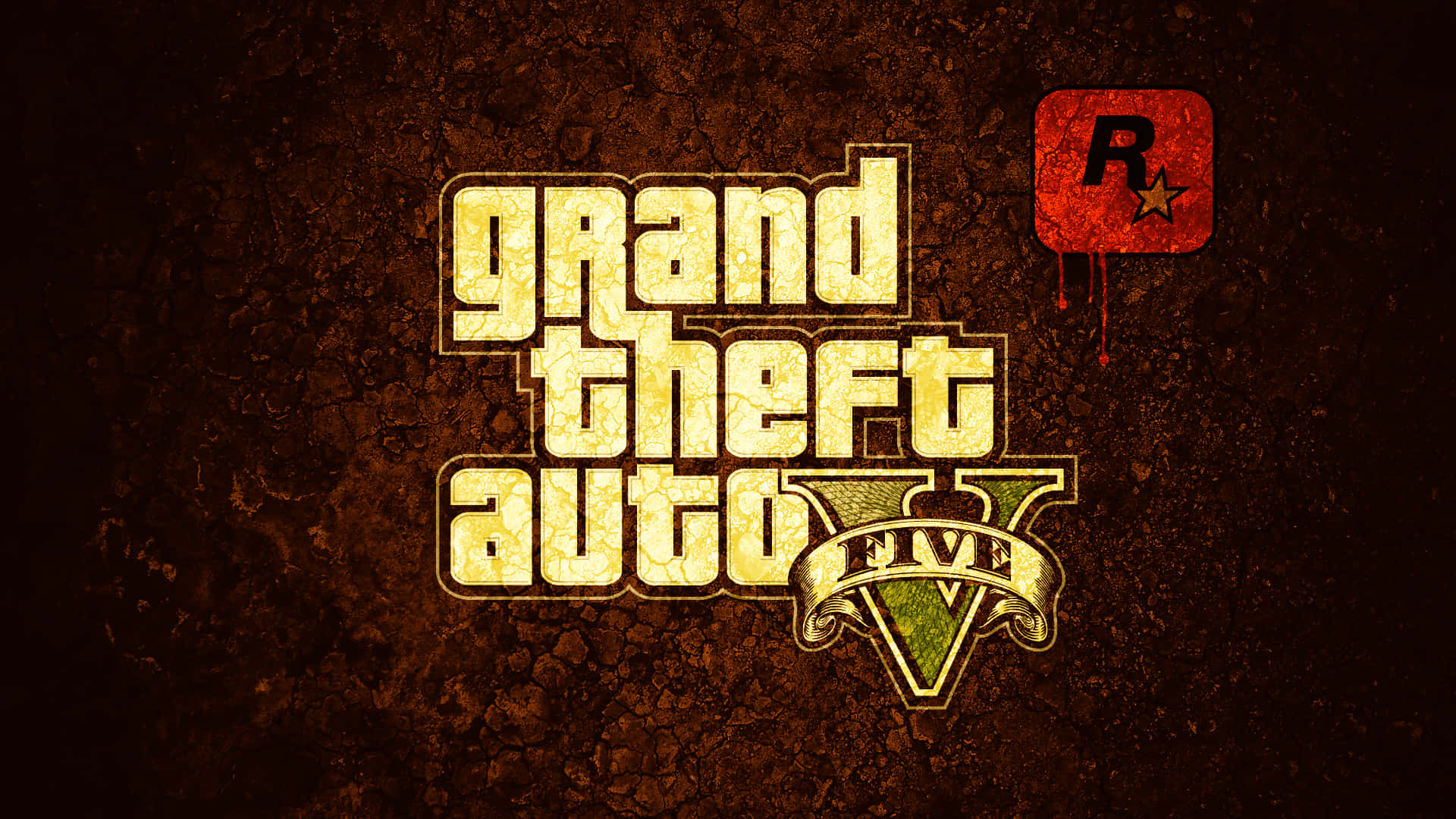 裂開牆上的Grand Theft Auto V遊戲標誌及Rockstar Games標誌。