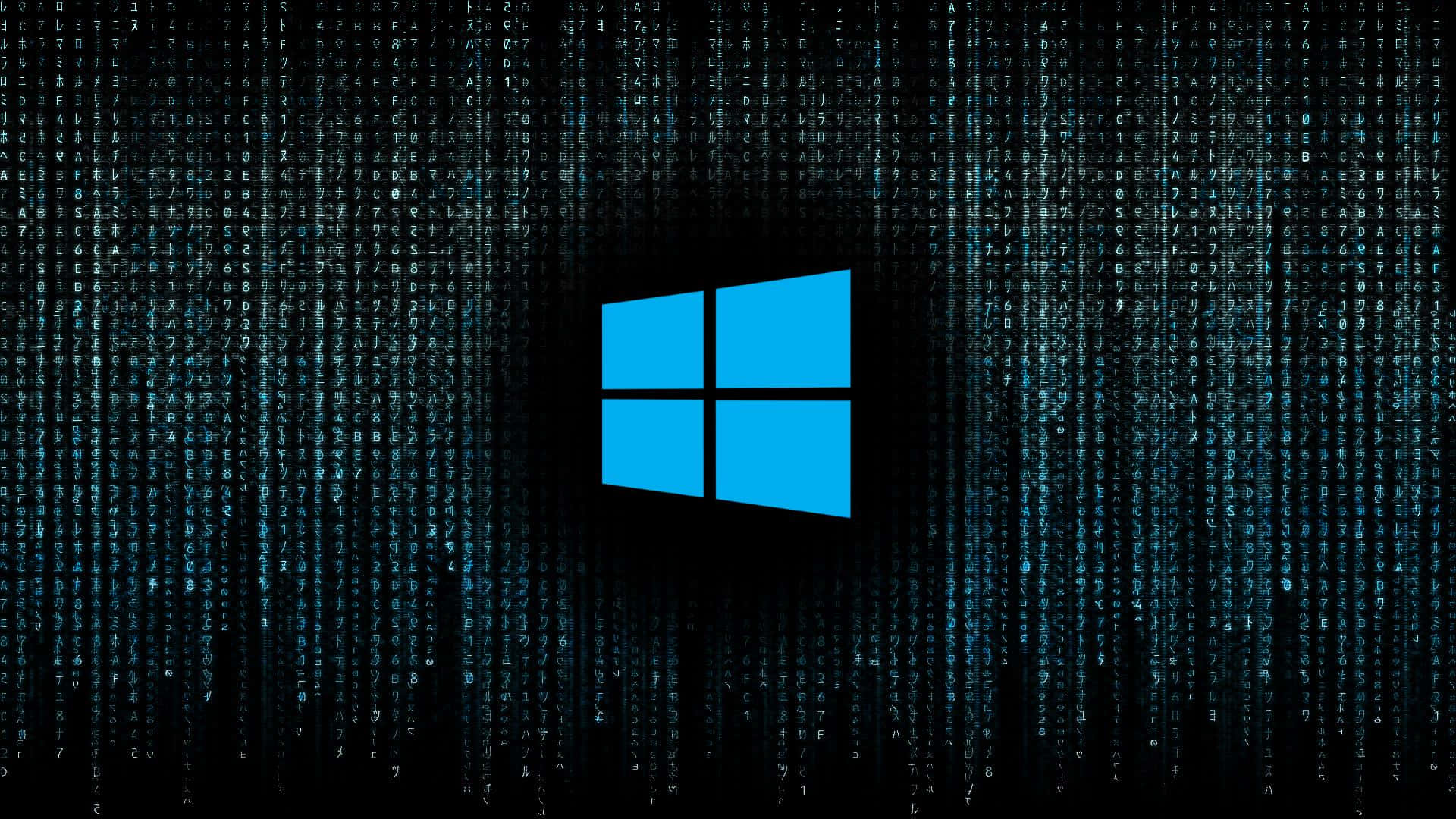 藍色Windows標誌，黑色背景上落下數字代碼
