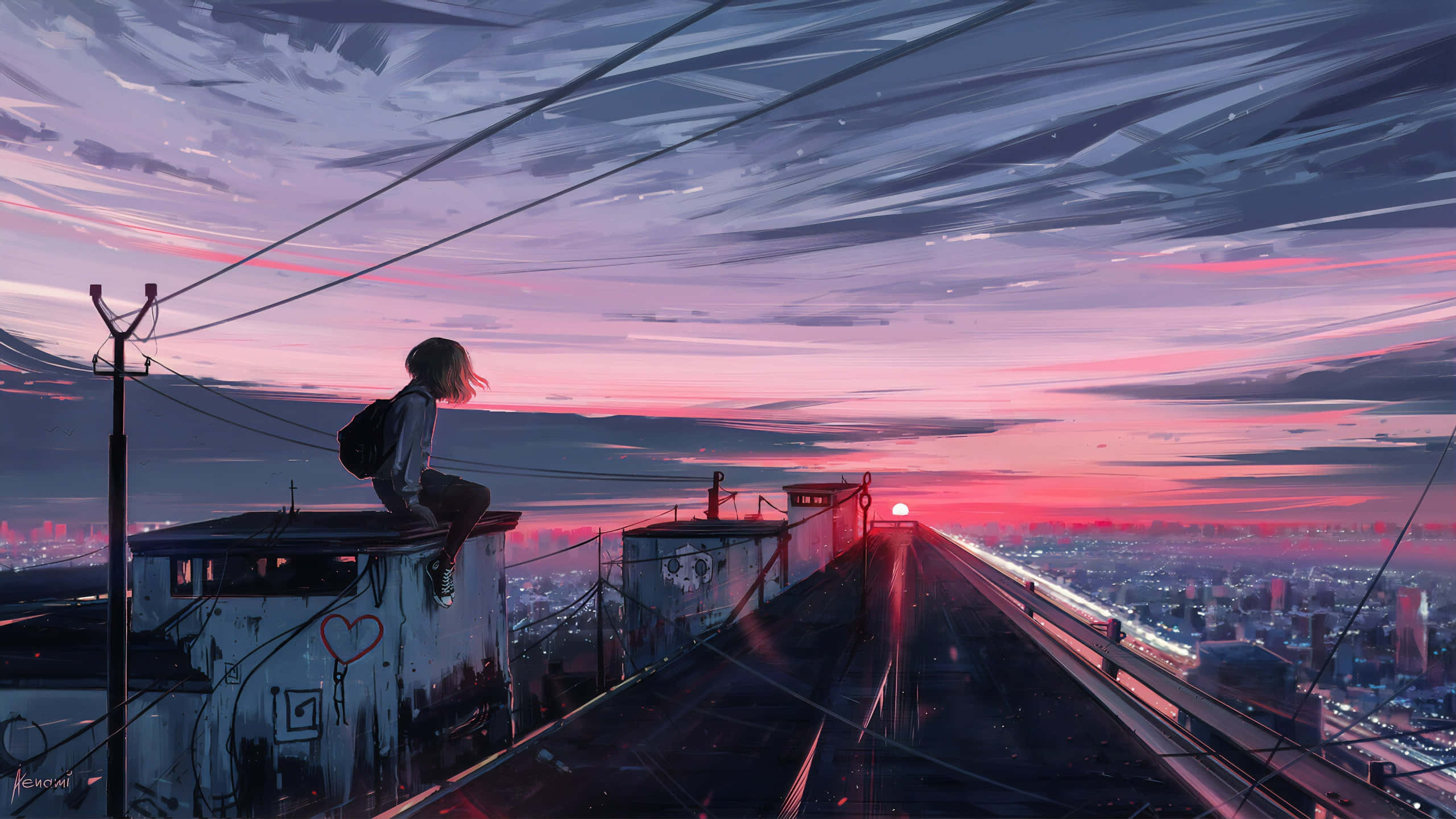 逃離平凡，享受屋頂美景 壁紙 — 一個孤獨的動漫女孩坐在屋頂上，俯瞰著夕陽下的城市，天空呈現粉紅色和紫色，鐵軌閃閃發光。