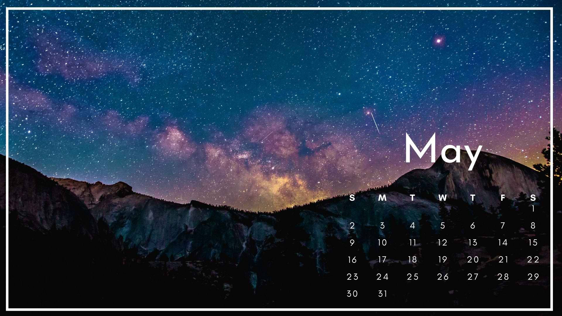 五月月曆，背景是繁星點點的夜空，銀河橫跨山脈。
