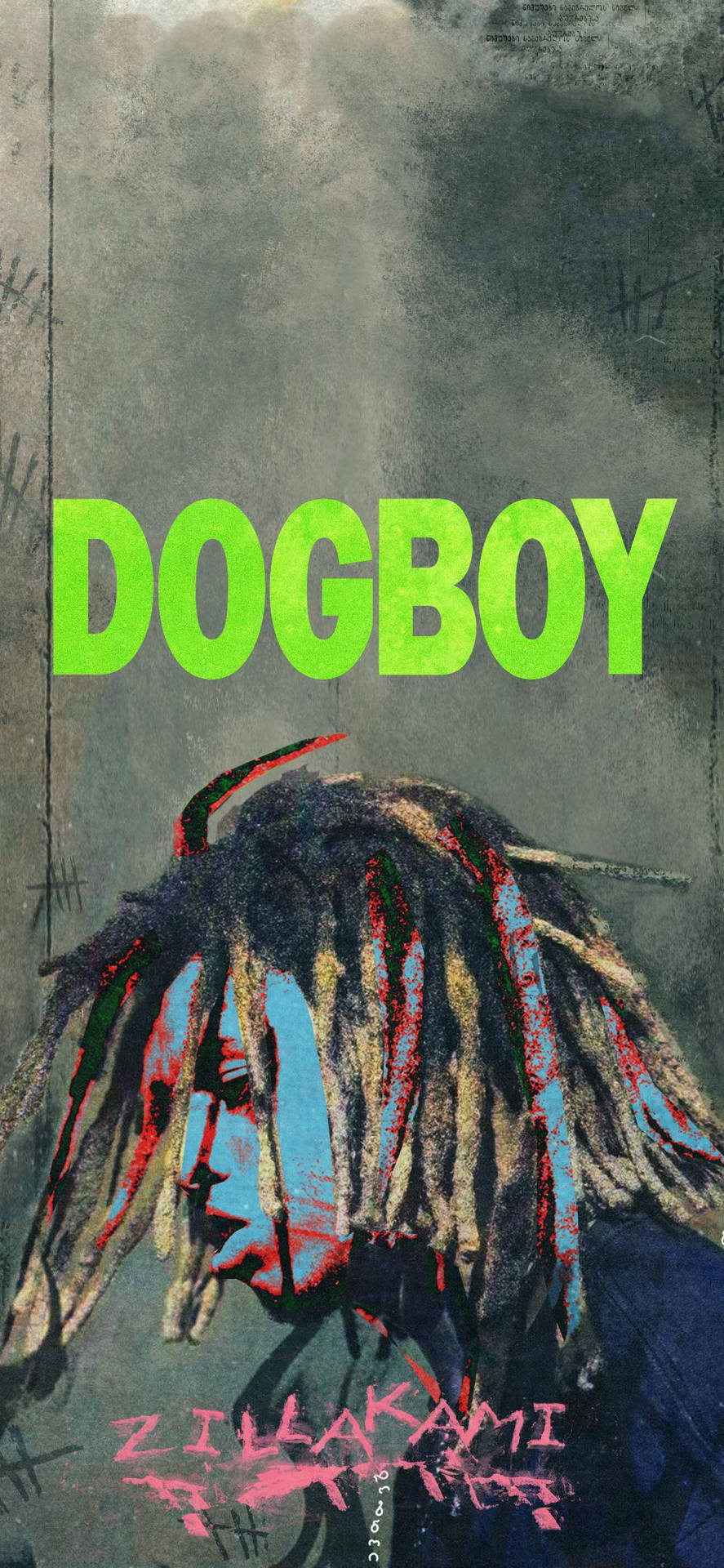一個帶有辮子和藍色臉部彩繪的人物肖像，附有綠色文字 DOGBOY。