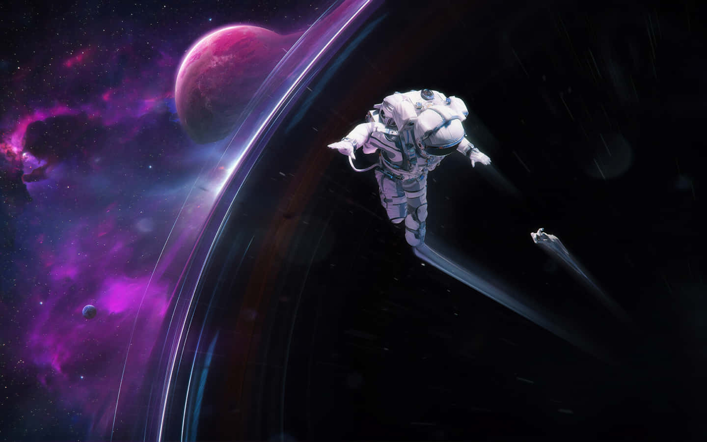 太空人在環狀行星附近漂流，伴隨著發光的星雲。