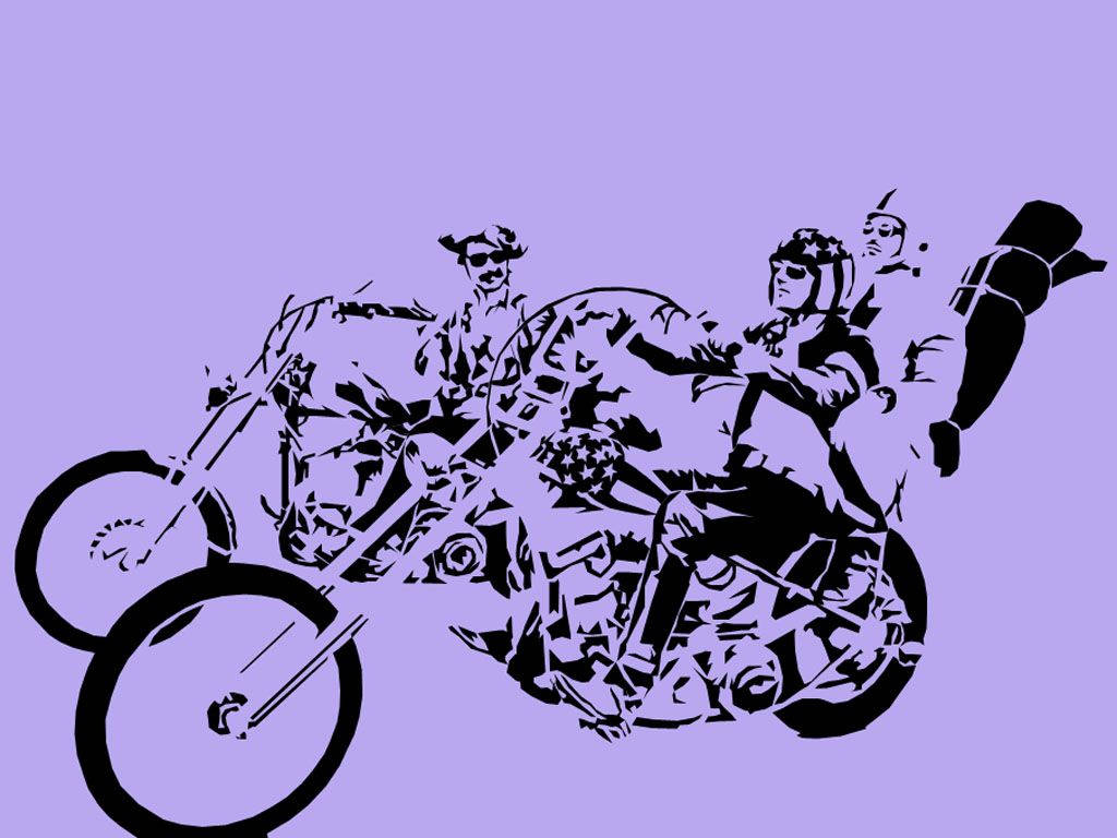 《逍遥骑士》摩托車騎士插畫 壁紙 — 大膽的黑色剪影，三名電單車手在純色薰衣草背景上騎著chopper。