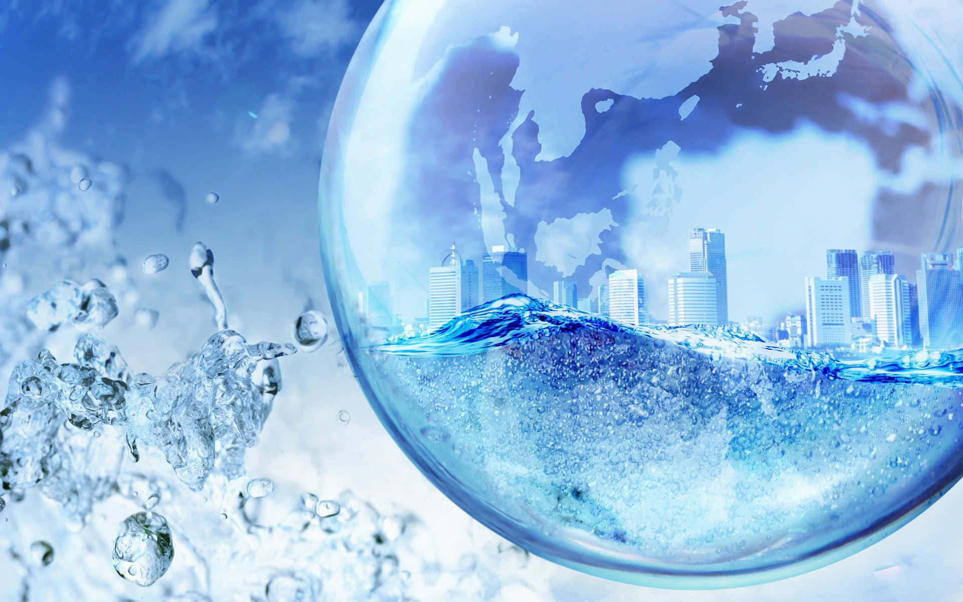 3d Water 桌布 壁紙 — 透明水滴包裹著城市天際線和世界地圖，背景是藍天和飛濺的水滴。