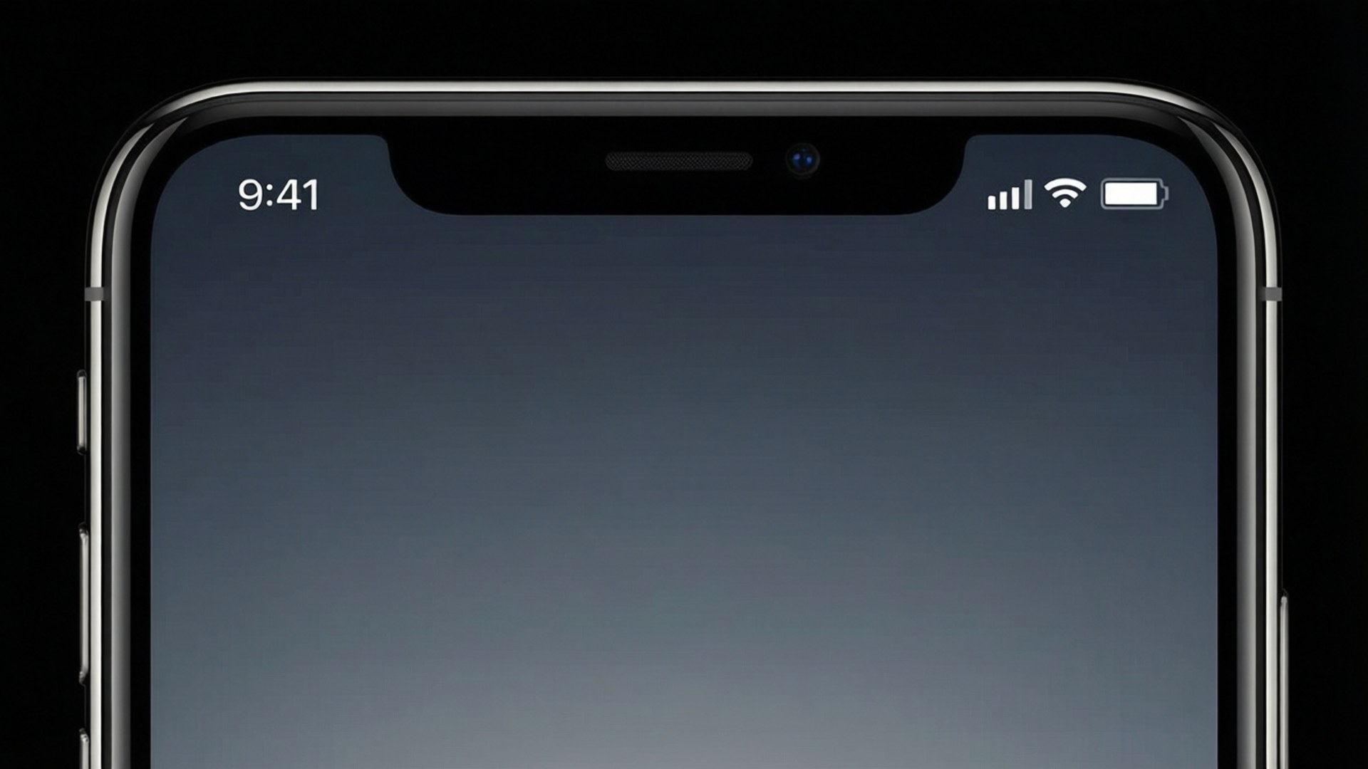 透明狀態列 壁紙 — 黑色iPhone特寫，深色漸變屏幕顯示時間9:41和狀態圖標，背景為黑色。