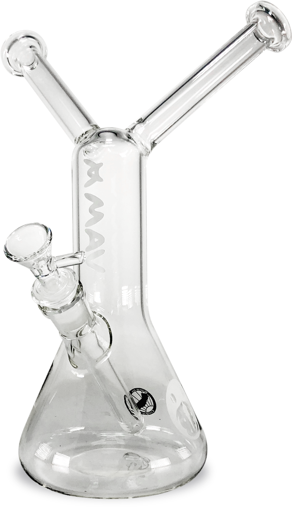 透明玻璃MAV煙斗 壁紙 — 一個透明玻璃水煙槍，帶有雙管和側臂，背景為黑色。