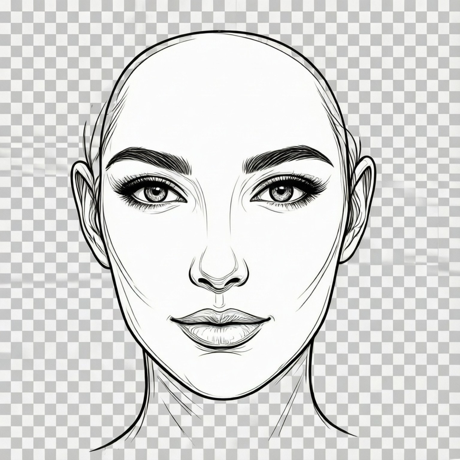 透明線條藝術臉 壁紙 — 一個詳細的黑白線條畫，描繪一位禿頭女性的臉部，具有富有表現力的眼睛和清晰的特徵，背景為透明棋盤格。