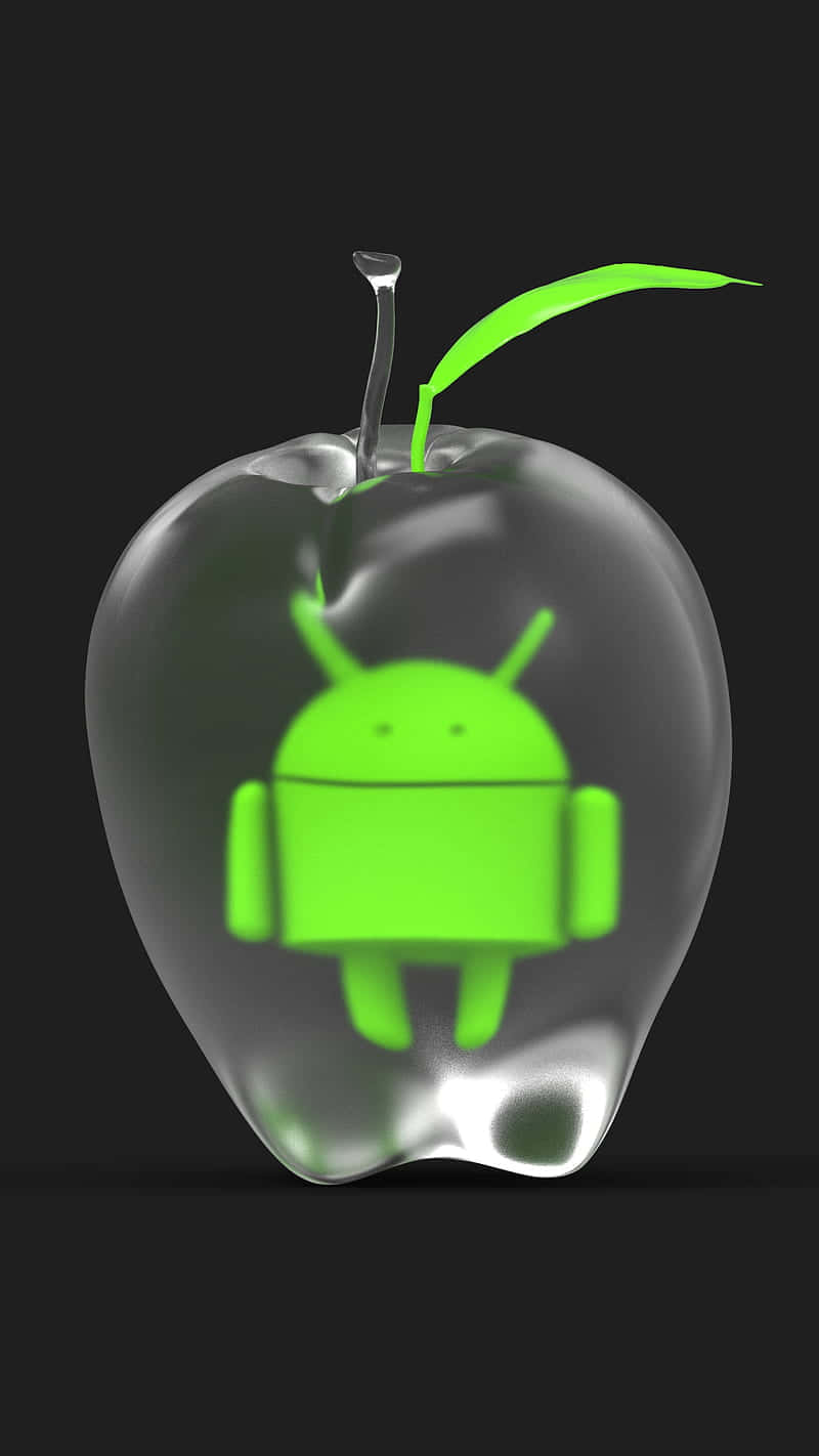 發光綠色Android吉祥物在帶葉玻璃蘋果內。