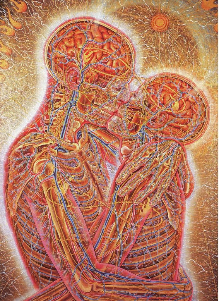兩個擁抱的人體，可見循環系統，在燦爛的金色背景上發光。