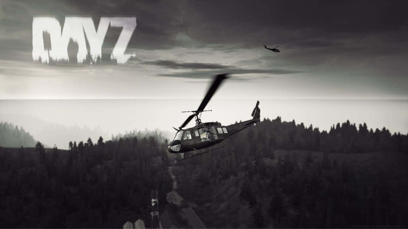 直升機飛越森林，DAYZ文字在天空中發光