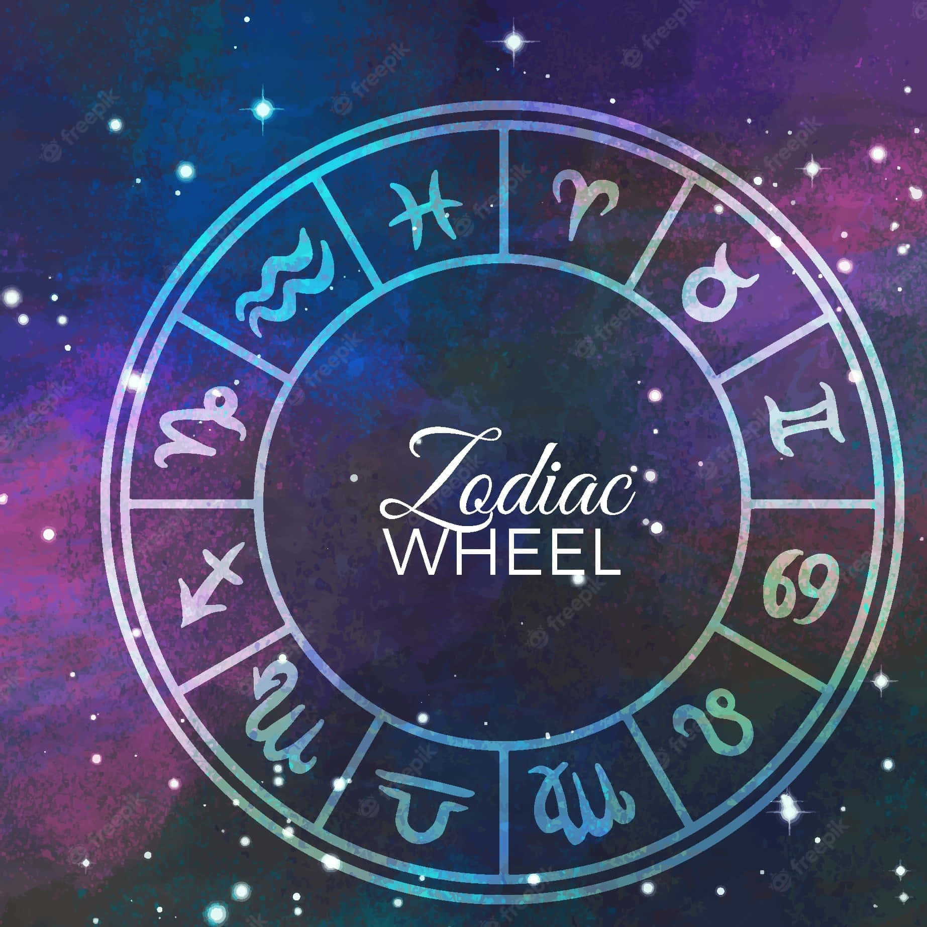 黃道輪盤，帶有占星標誌，背景是星空宇宙。