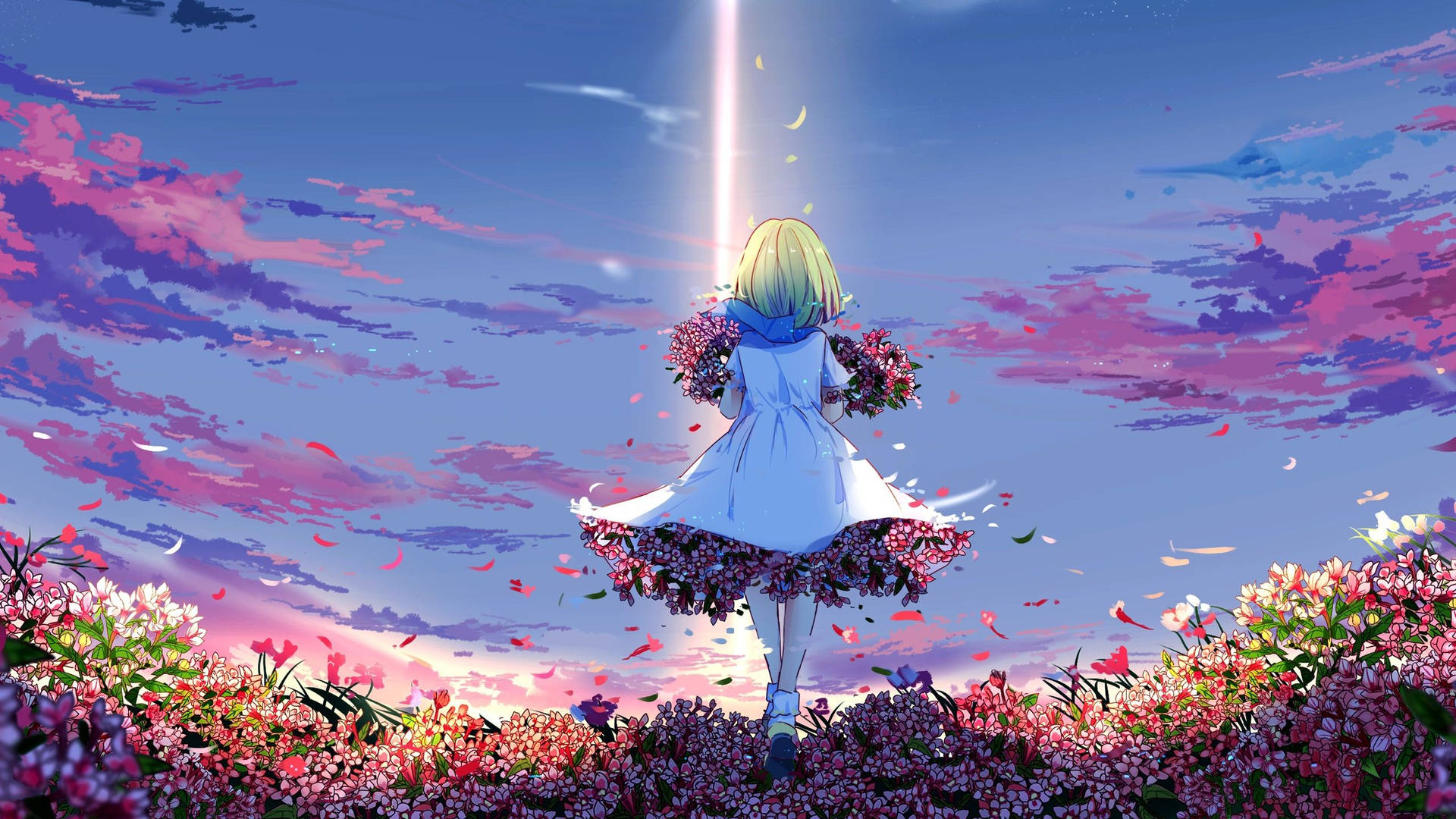 金髮動漫女孩穿著白色連衣裙，在發光的天空下的花田中手持花束。