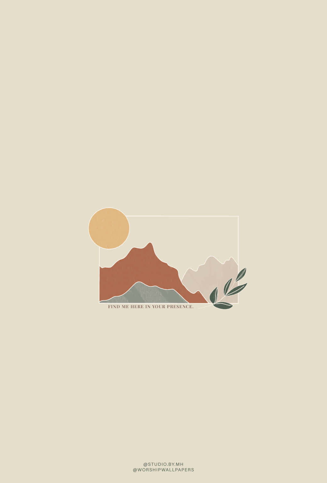 極簡大地色調的抽象山景，帶有太陽和葉子。