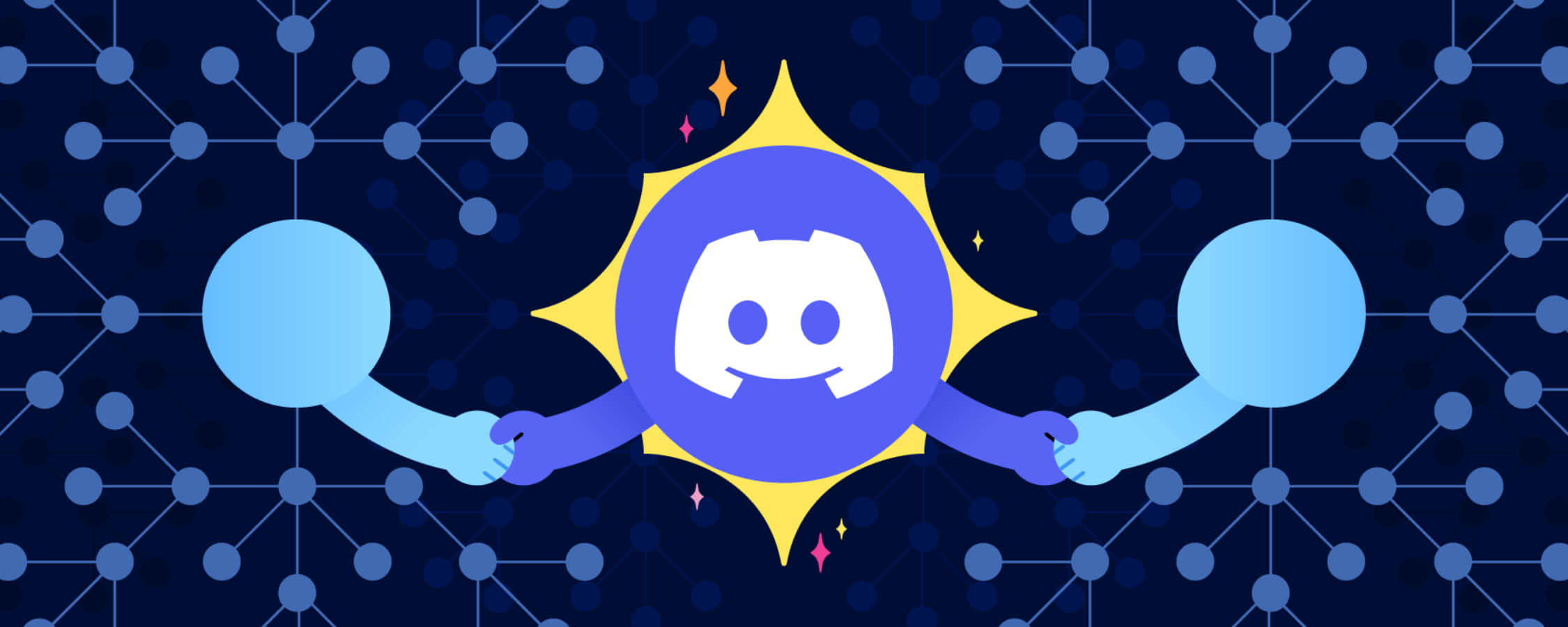 透過 Discord 橋接線上社群 壁紙 — 一個風格化的 Discord 標誌，手臂互相握手，背景為深藍色網絡圖案。