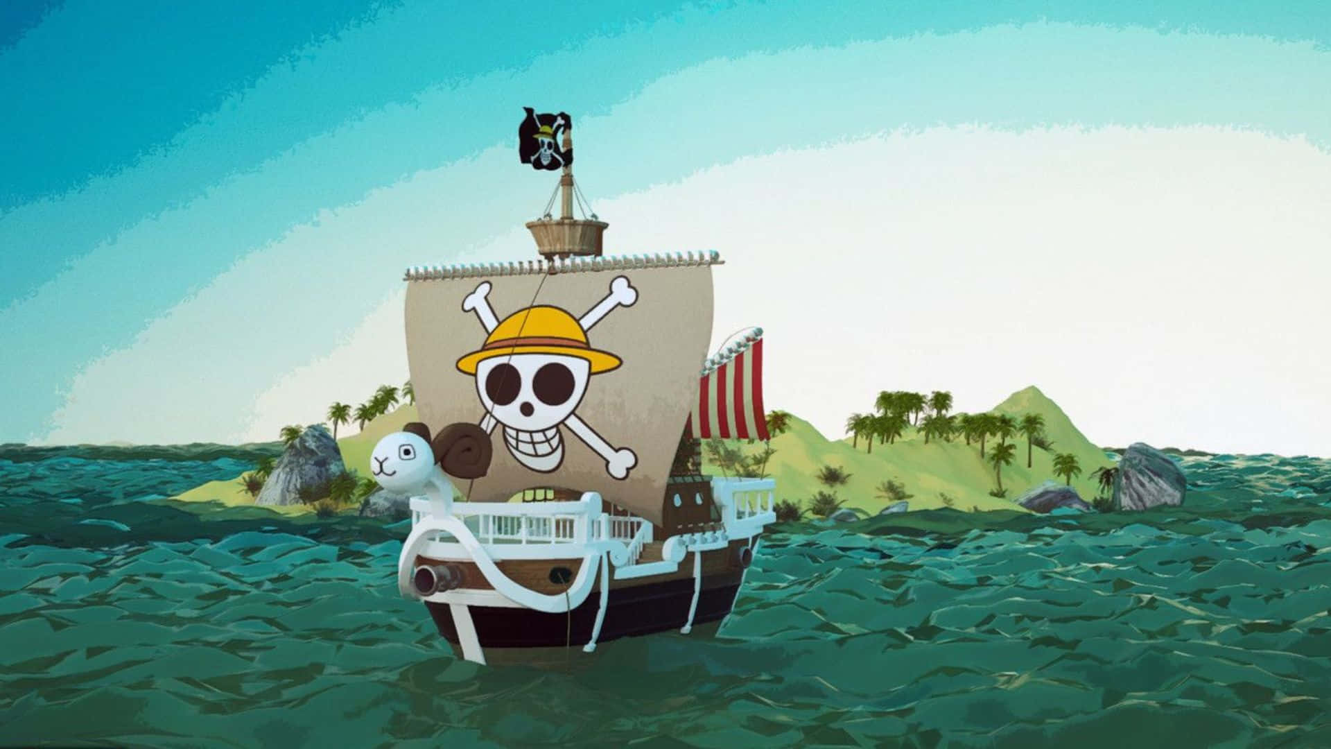 透過 Going Merry 探索新可能 壁紙 — 一艘卡通海盜船，掛著骷髏頭和交叉骨頭旗幟，在青綠色的波浪上航行，朝向一個有棕櫚樹的熱帶島嶼。