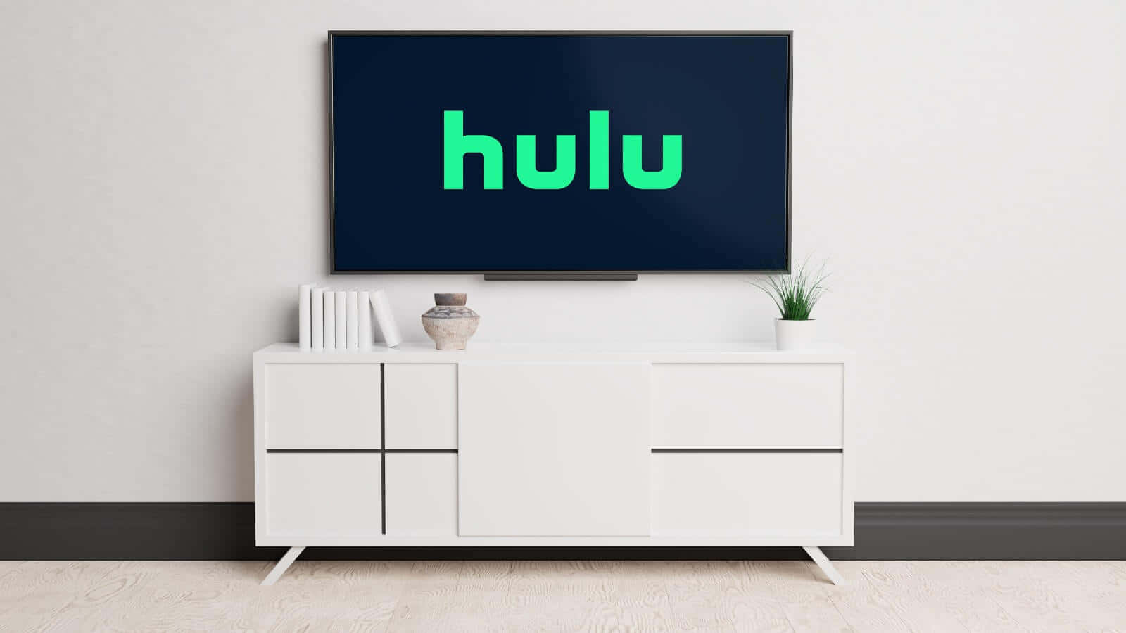 一個時尚的白色電視櫃，螢幕上顯示Hulu標誌。