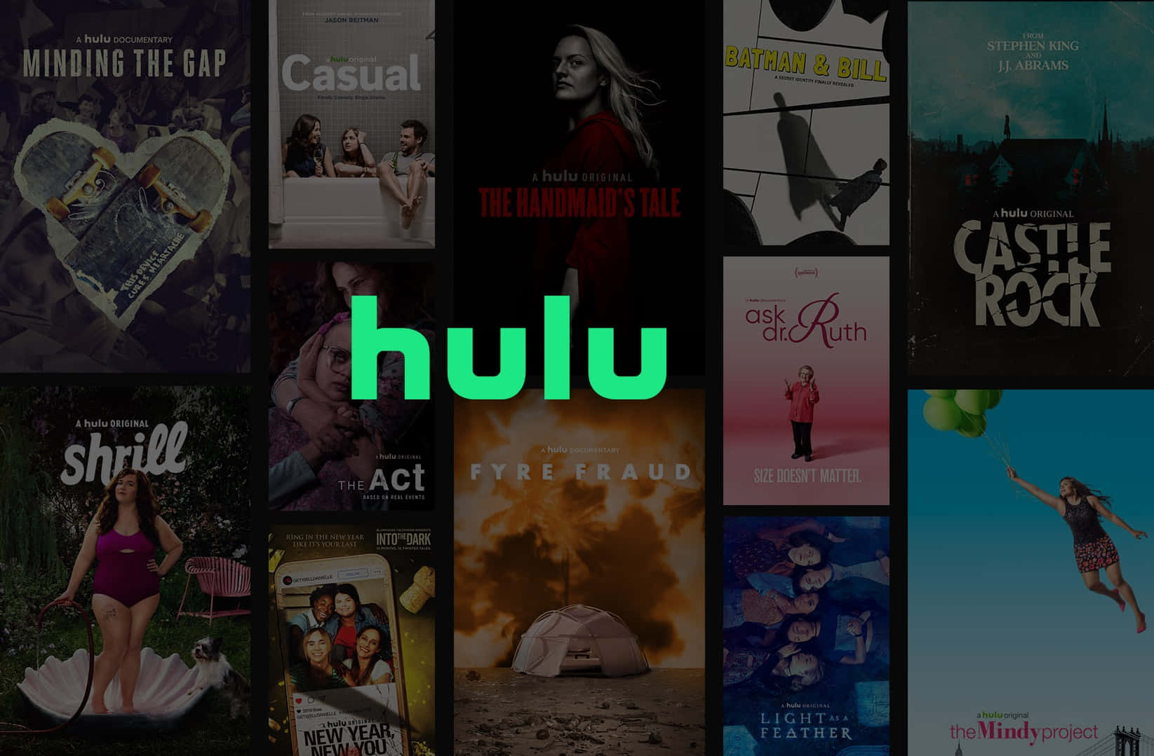 Hulu 電視節目海報網格，中央有綠色 Hulu 標誌。