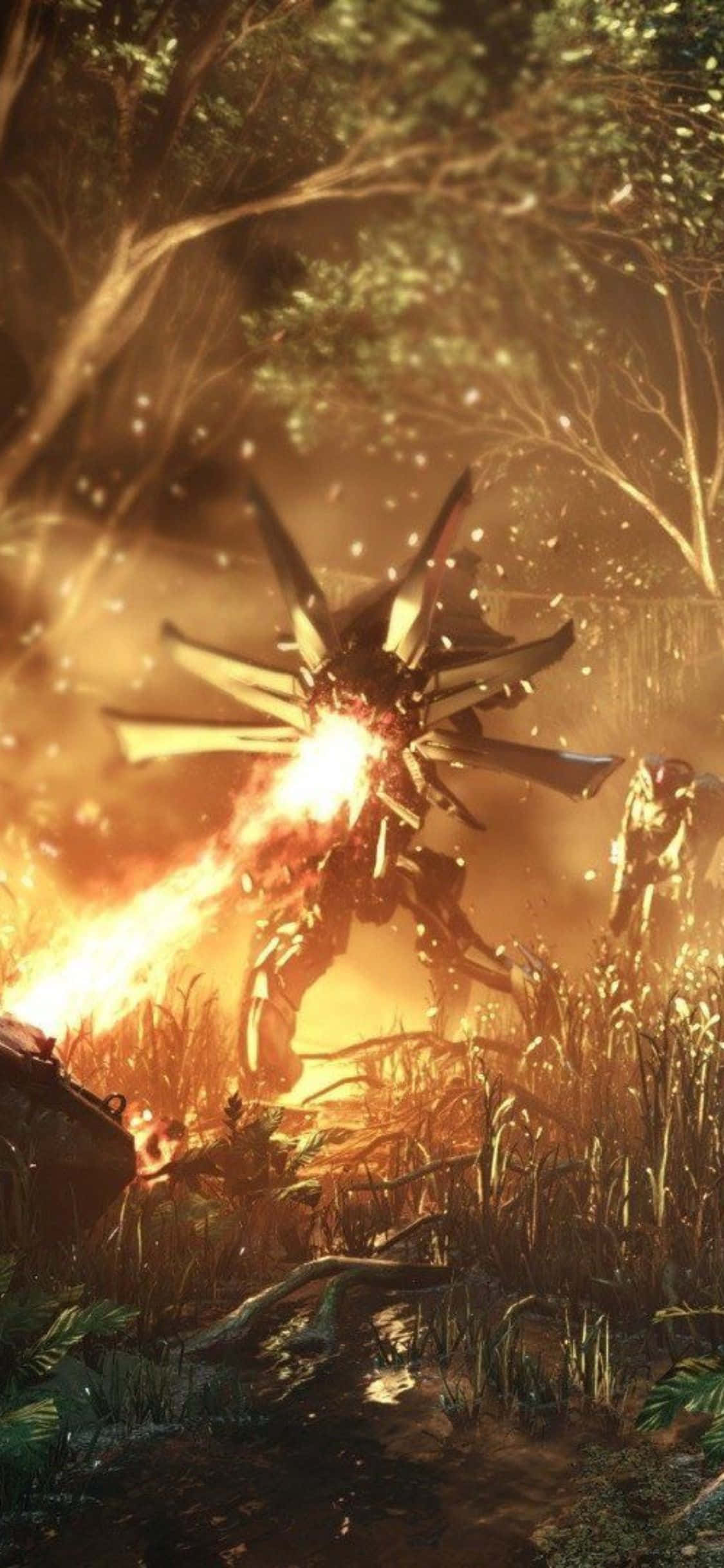 透過 iPhone X Crysis 3 沉浸虛擬世界 壁紙 — 一個發光的機械生物在黃昏的茂密森林中爆發熾熱能量。