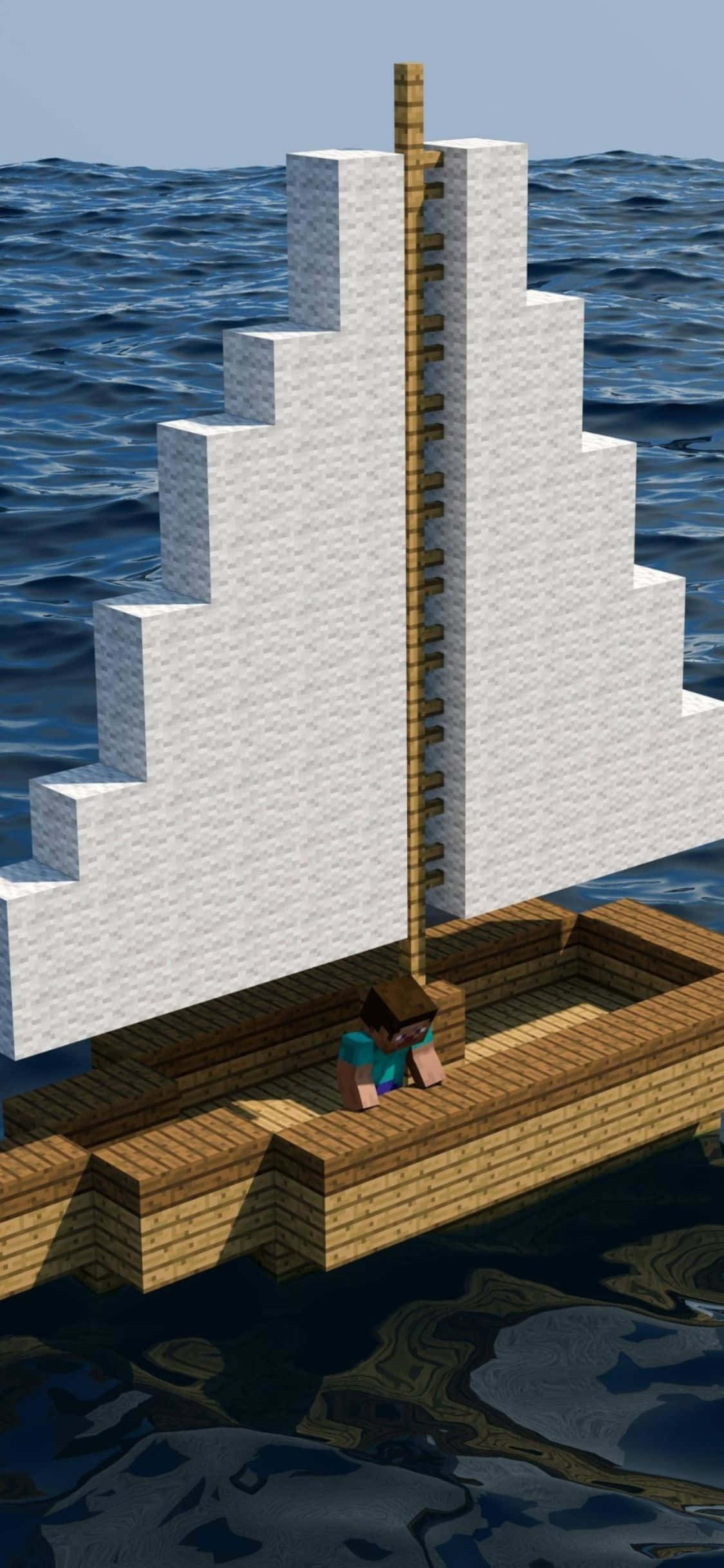 透過 iPhone Xs 沉浸體驗《我的世界》的無限魅力 壁紙 — 一個Minecraft角色坐在一艘帶有像素化白色帆的木船上，漂浮在深藍色的海浪上。