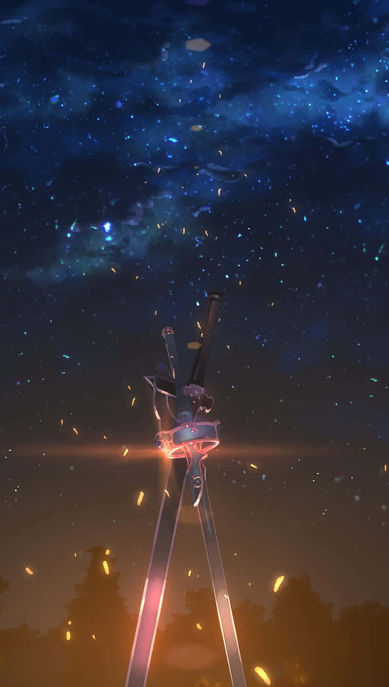 一把發光的劍在夜晚的森林中，下方是星空天空，漂浮著餘燼。