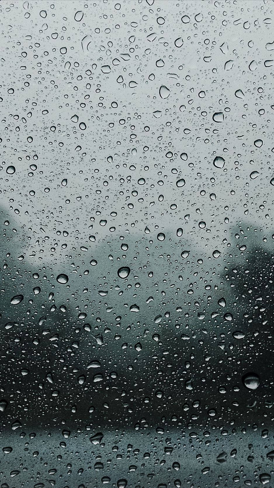 玻璃上的雨滴，背景有模糊的樹木和灰色天空