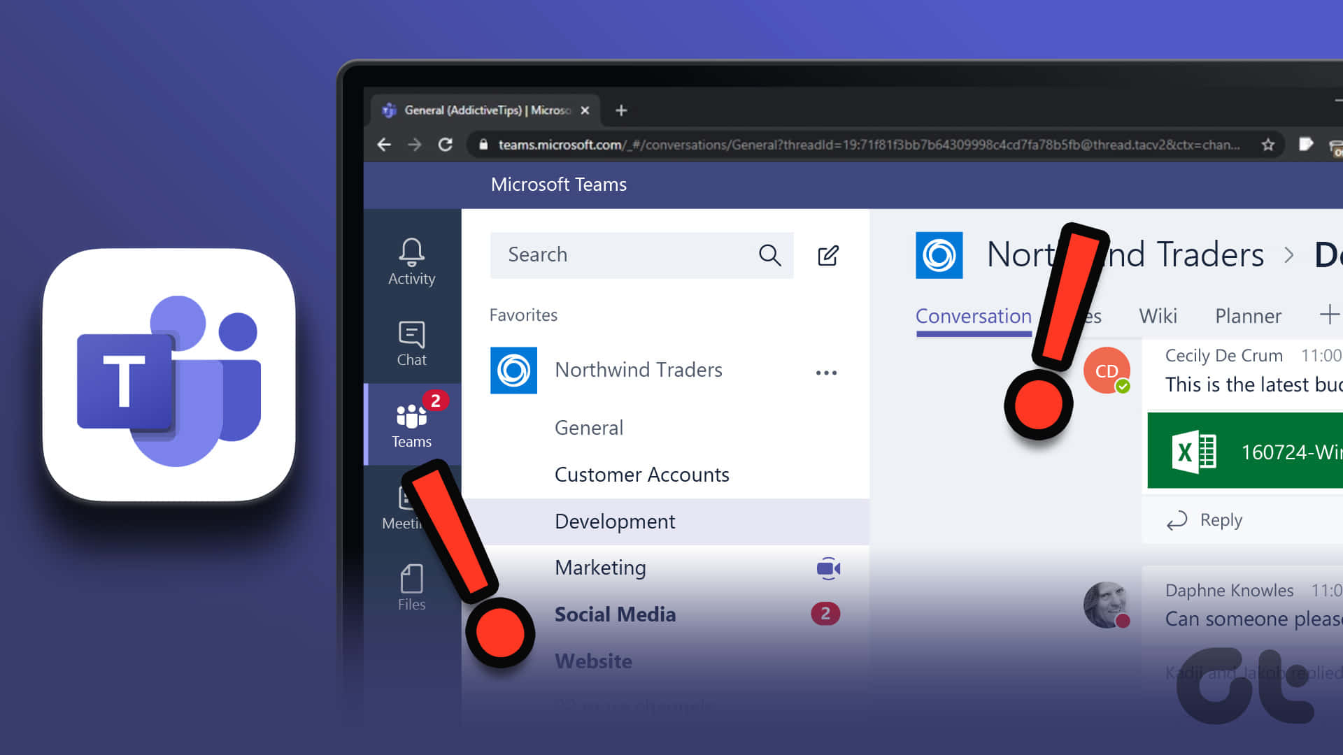 Microsoft Teams 應用程式圖示和筆記型電腦螢幕，聊天介面上有紅色警告圖示。