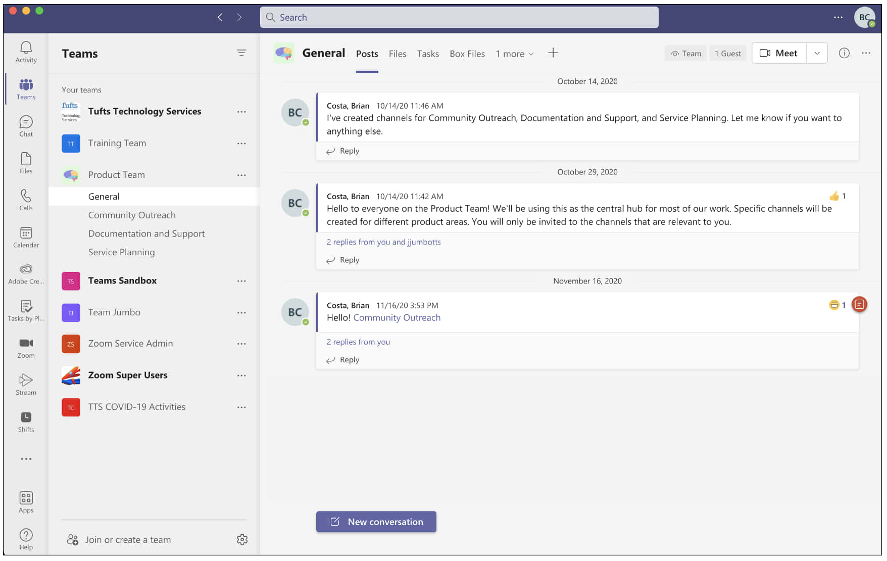 顯示聊天頻道和團隊導航的 Microsoft Teams 工作區。