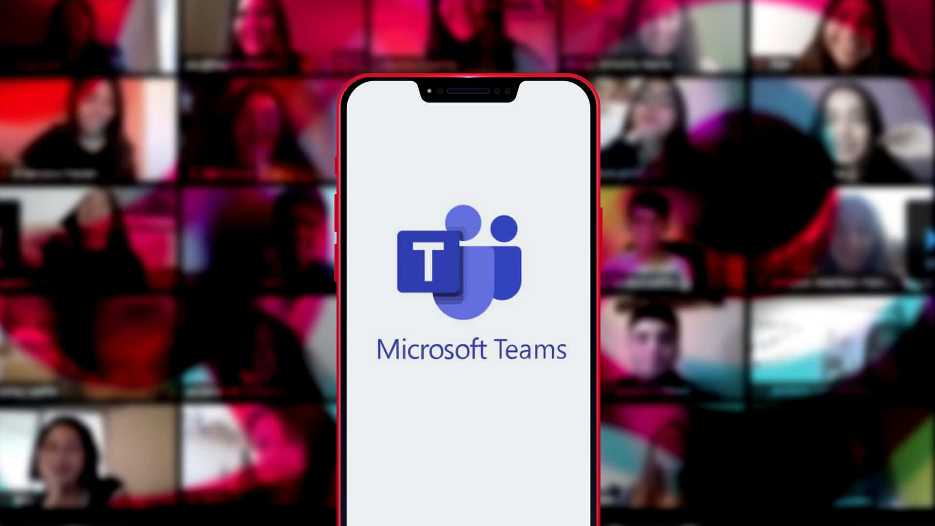 智能手機顯示 Microsoft Teams 應用程式，背後有模糊的視像通話網格。