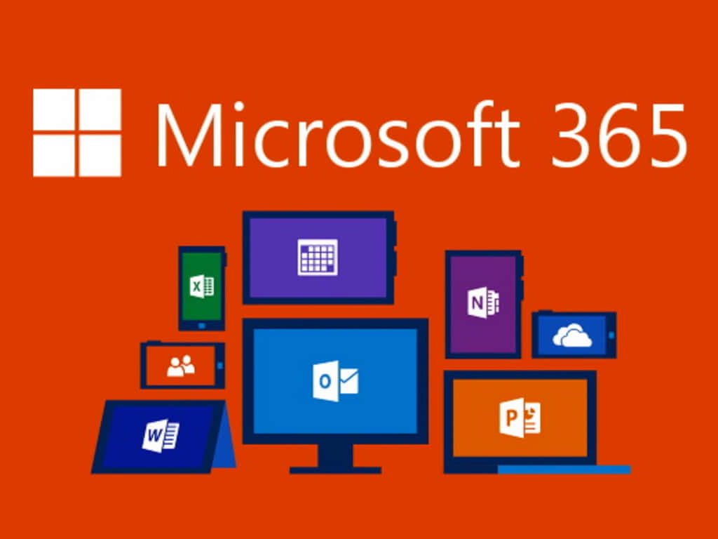 透過 Office 365 保持連線 壁紙 — Microsoft 365 標誌和應用程式圖示顯示在色彩繽紛的裝置上，背景為充滿活力的橙色。