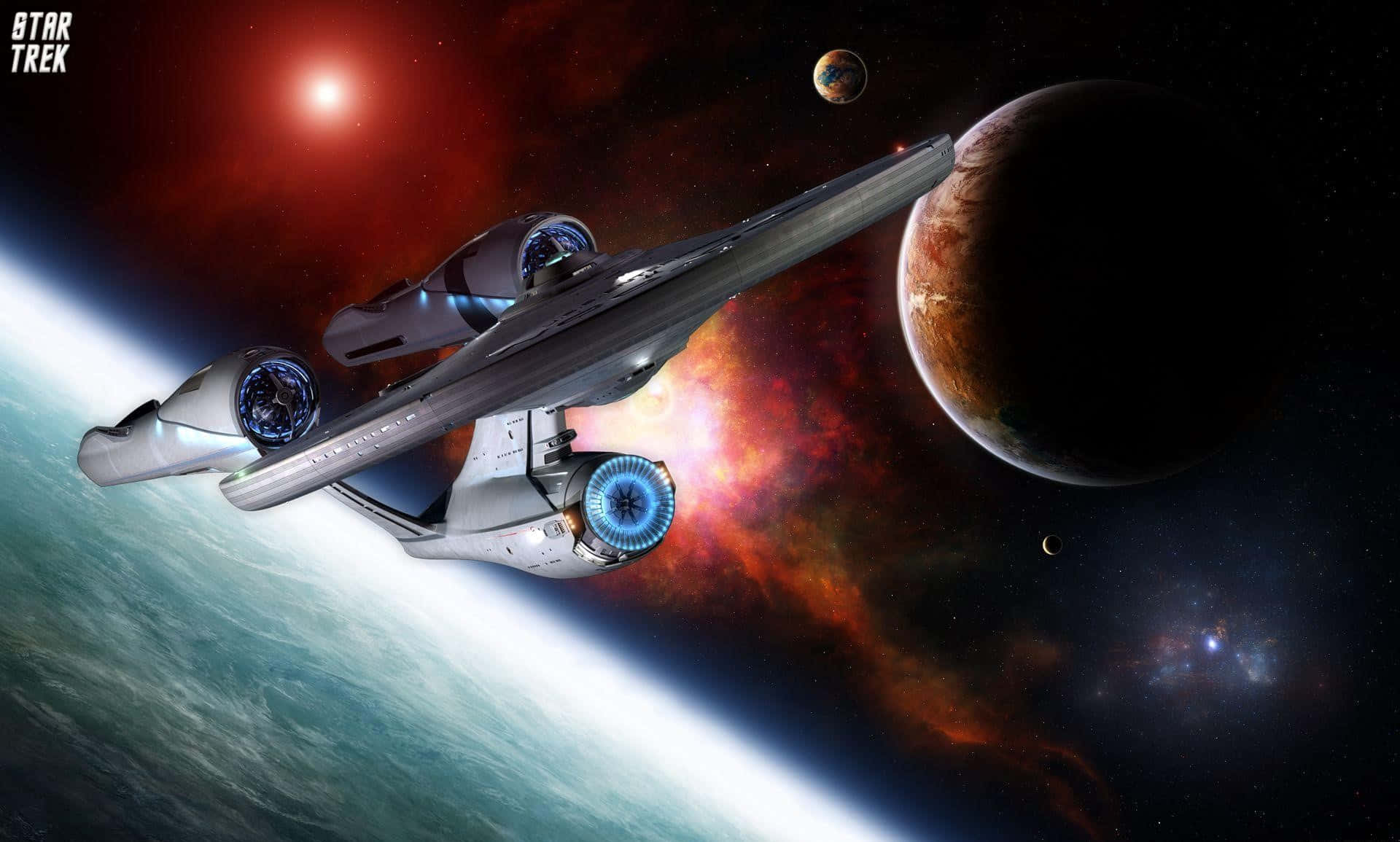 星艦飛過一顆有紅色太陽和彩色星雲在後面的行星。