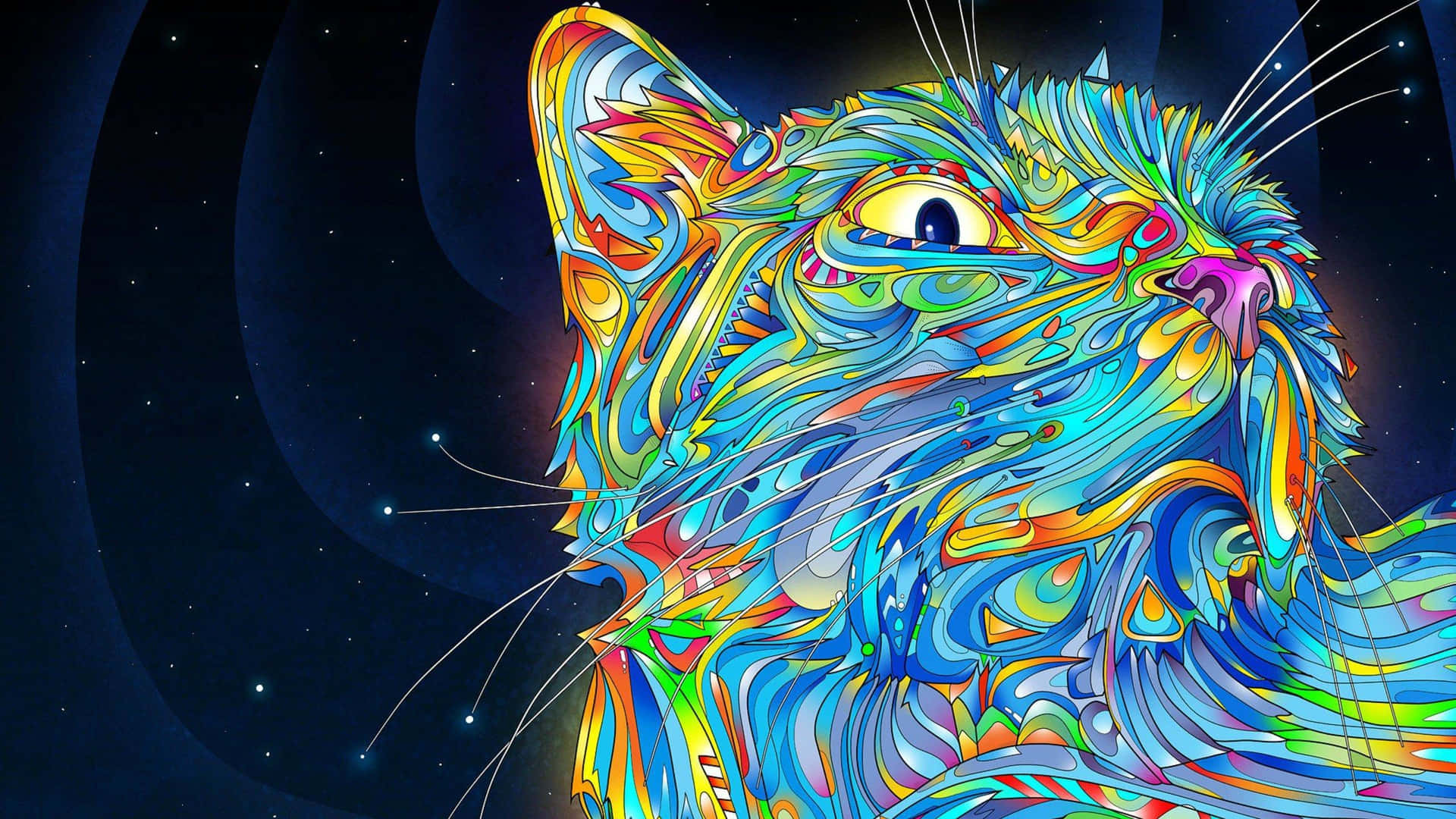 一隻色彩繽紛的插圖貓咪，帶有漩渦圖案，背景是星光宇宙。