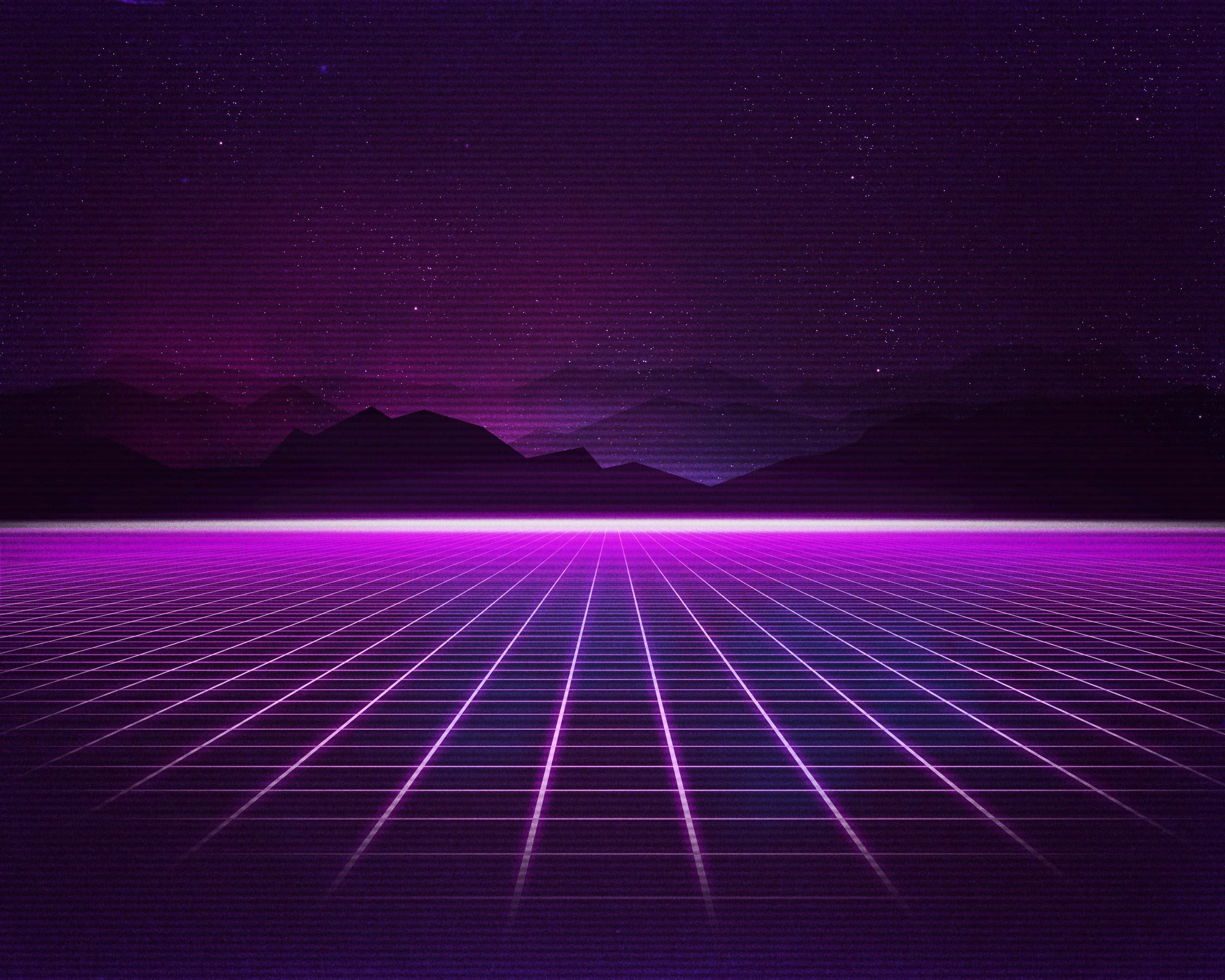 透過80年代Vaporwave，重返時光 壁紙 — 發光的紫色網格在星空復古未來主義夜空下向遠山延伸。