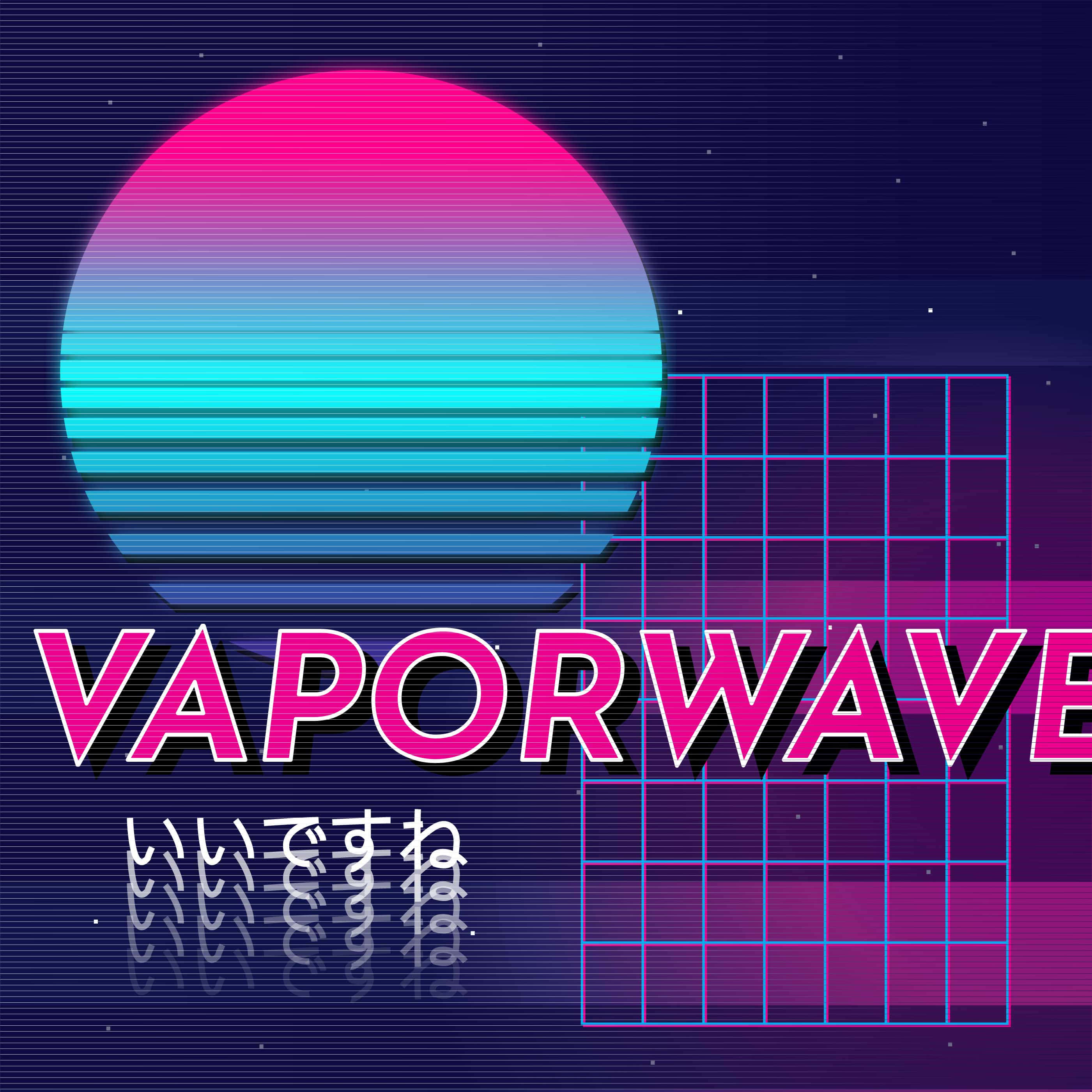 透過80年代的雙眼，窺見未來 壁紙 — 一個復古未來主義的蒸氣波日落，帶有粉紅到青色的漸變太陽，位於網格圖案和粗體粉紅文字之上。