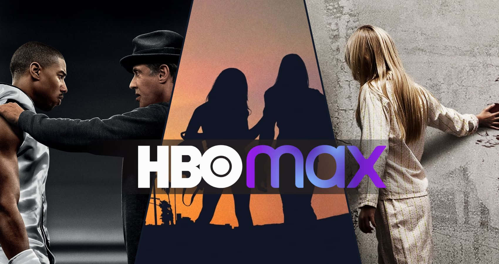 HBO Max 宣傳拼貼， featuring 強烈角色和戲劇性剪影。