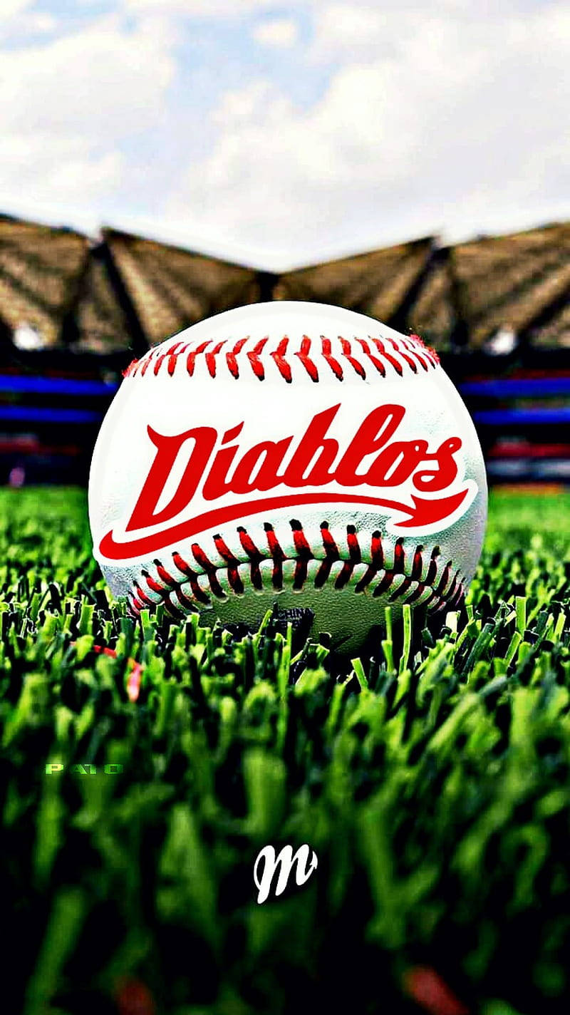 一個帶有「Diablos」標誌的棒球放在體育館的綠色草地上。