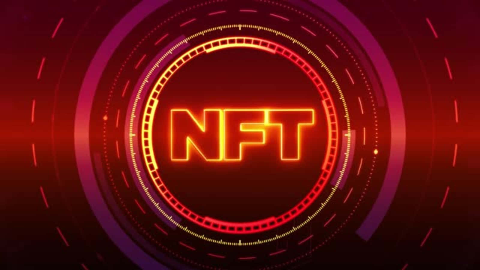 霓虹燈NFT文字位於發光的數位環中心，背景為深紅色和紫色。