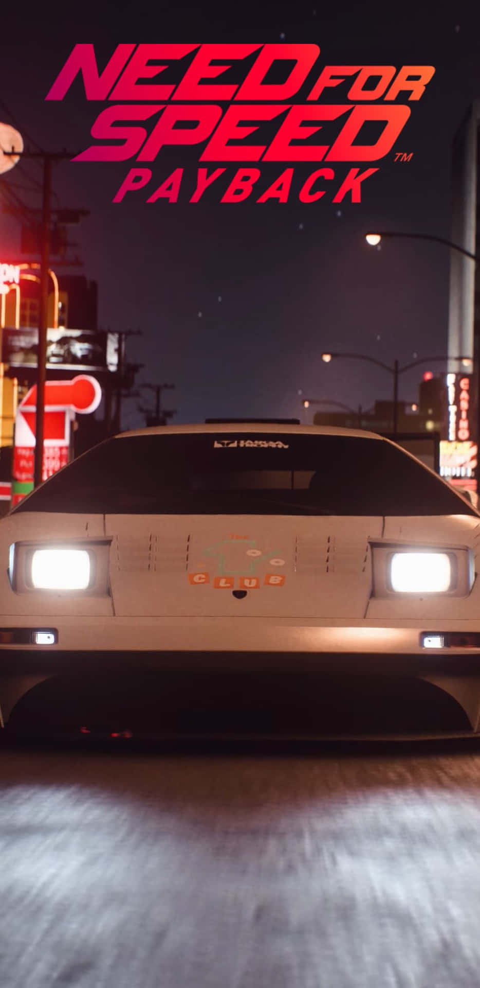 白色跑車在夜間穿過霓虹燈照亮的城市街道，在 Need for Speed Payback 中。