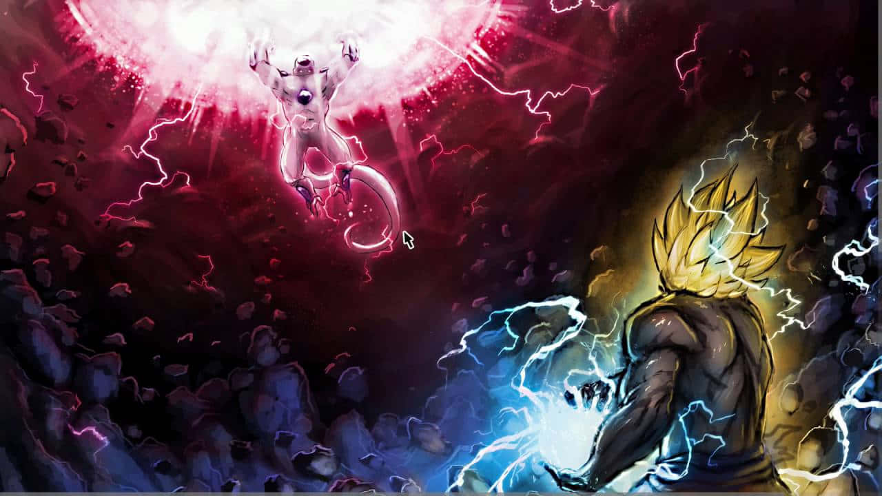兩個動漫角色在黑暗的宇宙環境中伴隨閃電戰鬥。