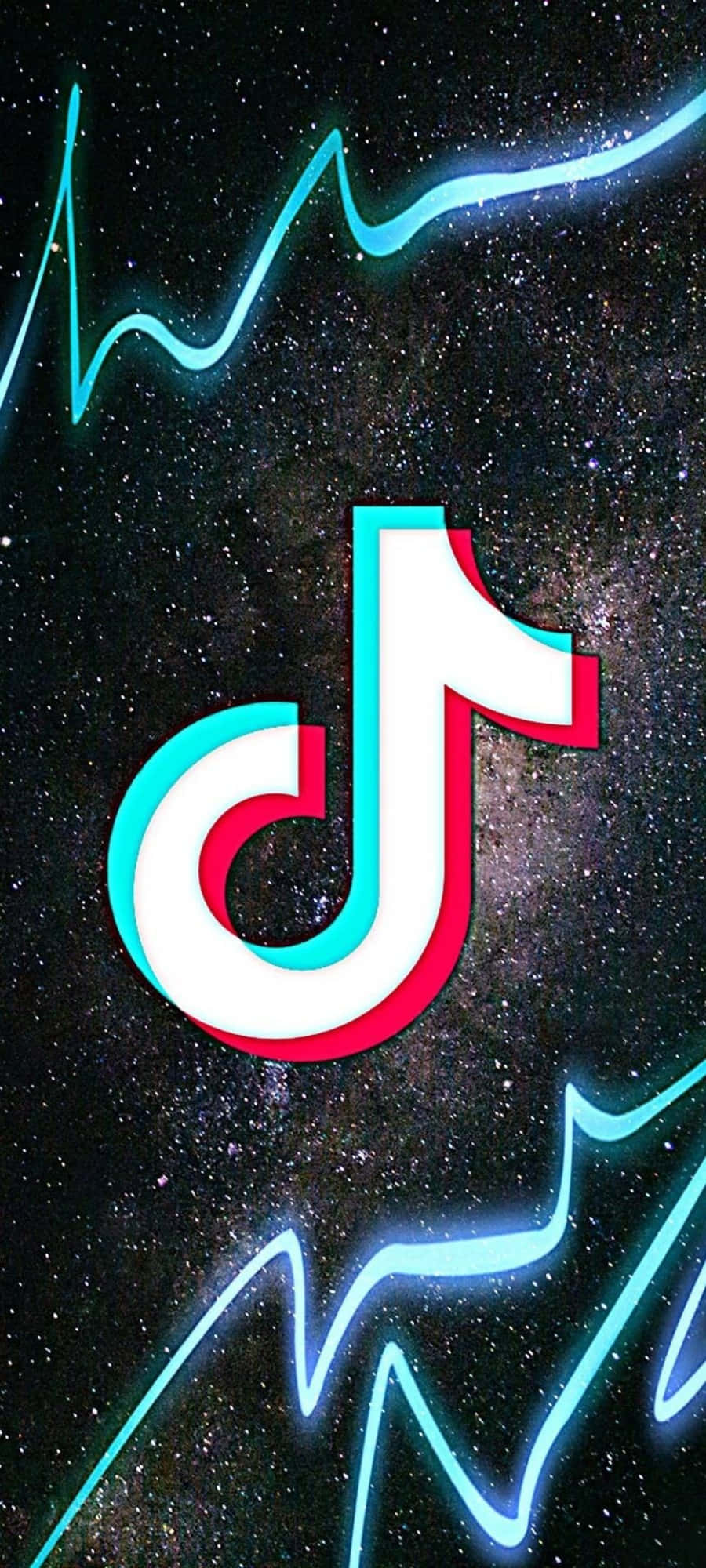 透過TikTok表達自我！ 壁紙 — TikTok 標誌在星空宇宙背景下發光，帶有霓虹藍色能量線條。