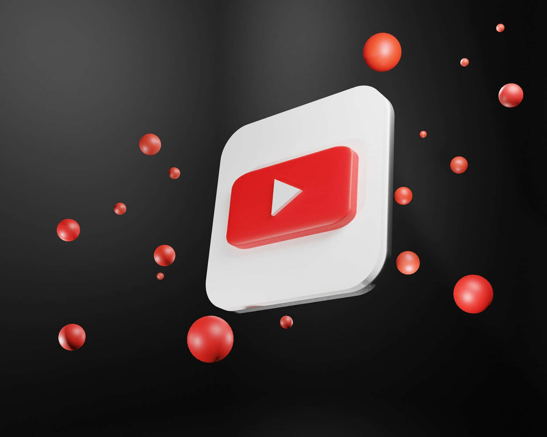 透過YouTube與世界各地的人連結 壁紙 — 一個3D渲染的YouTube標誌圖標，被漂浮的紅色球體包圍，背景為深色漸變。
