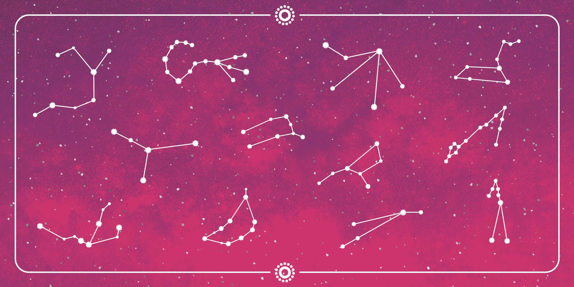 透過你的星座探索你的個性 壁紙 — 白色星座輪廓漂浮在充滿活力的洋紅色星空上，並以幼白邊框框起。