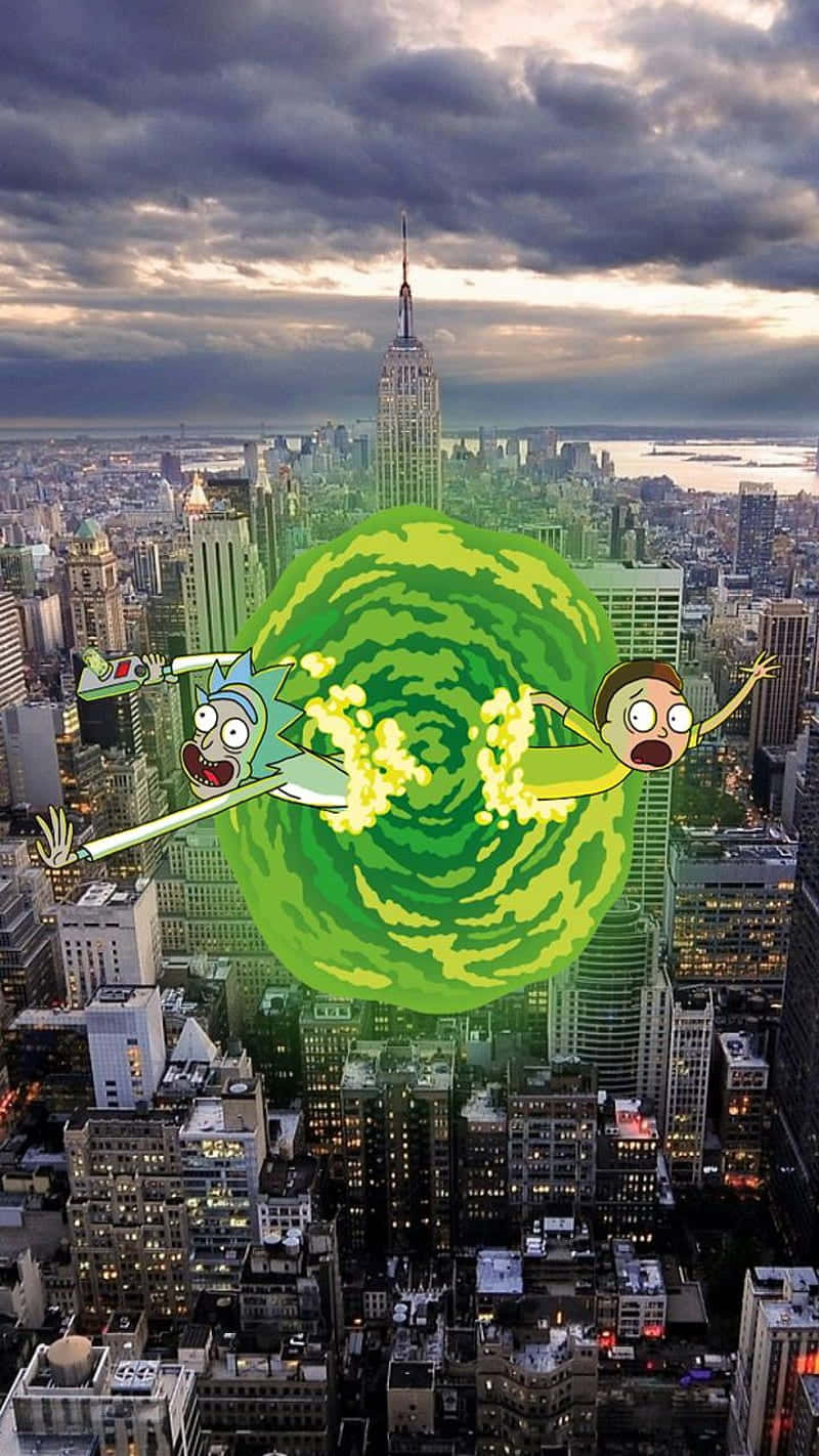 Rick同Morty喺黃昏時紐約上空嘅綠色傳送門入面。