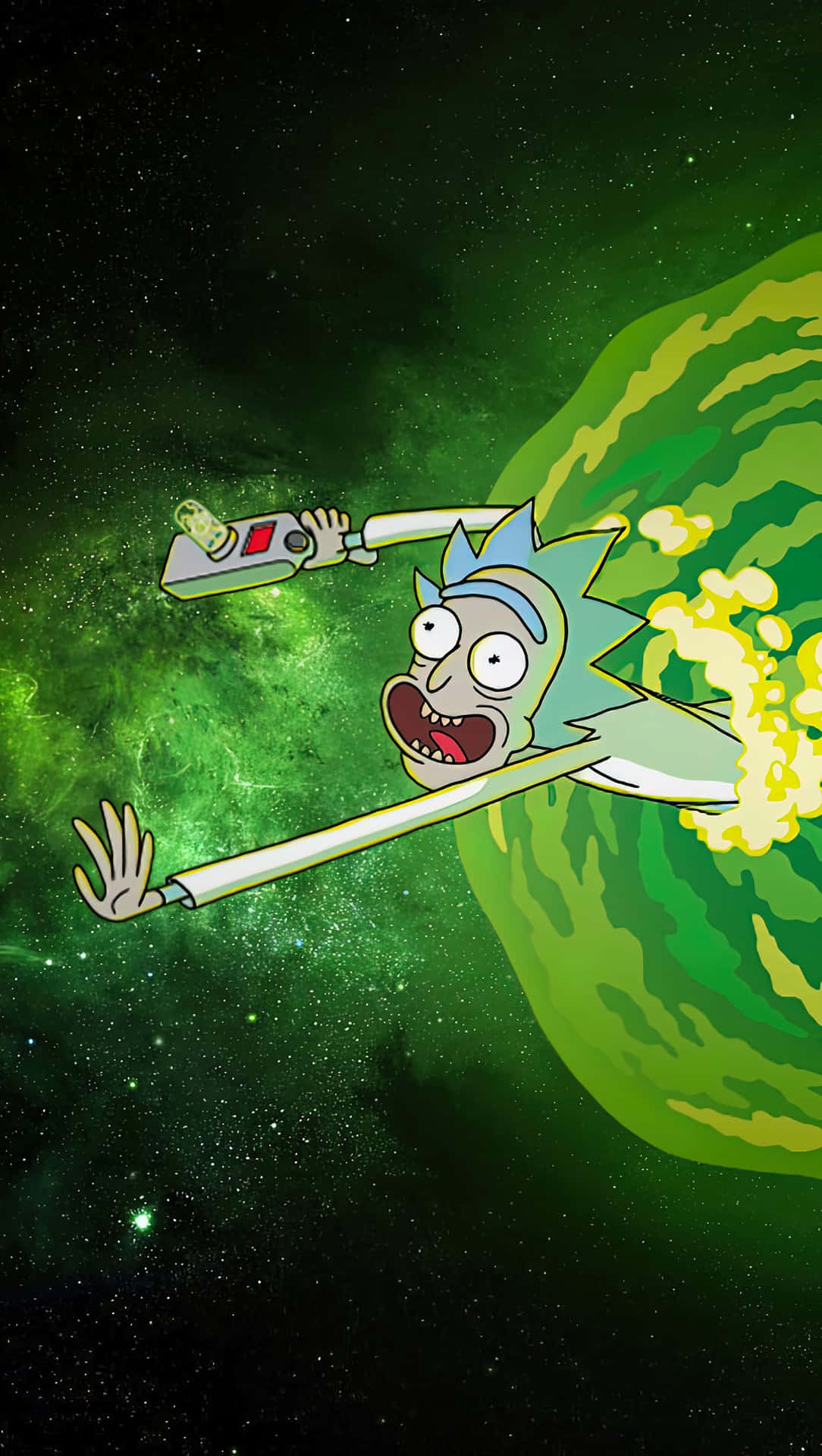 Rick Sanchez 乘坐太空船在太空中飛行，留下熾熱的尾氣痕跡。