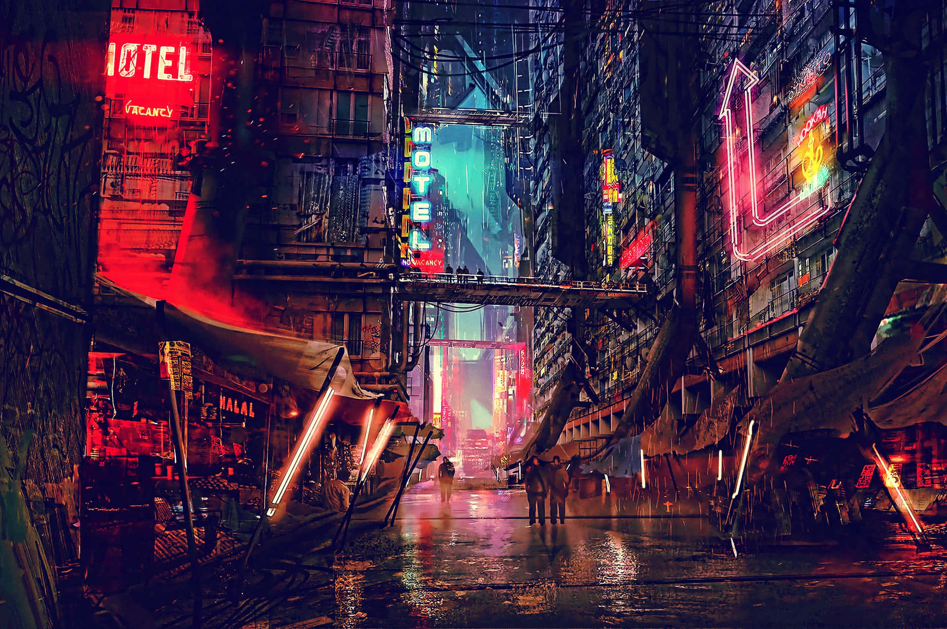 夜雨中霓虹招牌閃爍的 cyberpunk 城市小巷。