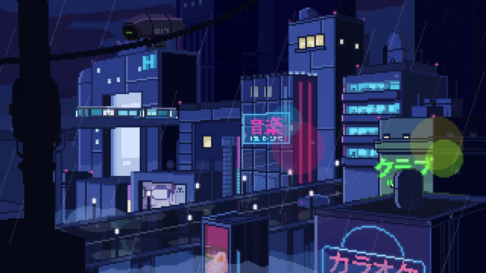 夜晚的像素化霓虹燈城市，有雨和發光的招牌。