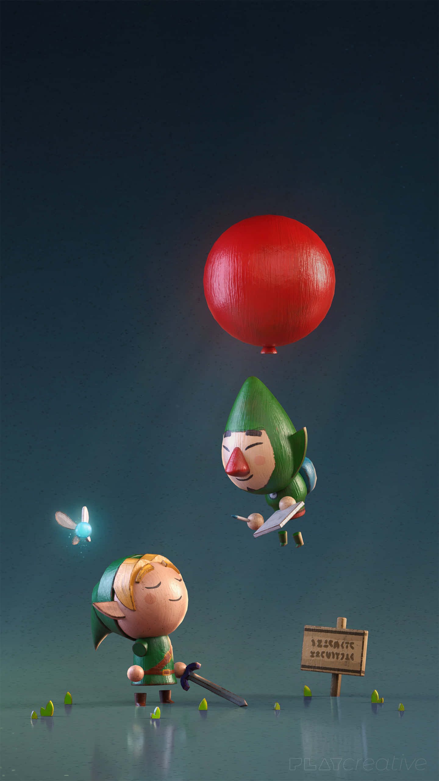 透過全新《Zelda》手機，進入《The Legend of Zelda》的世界 壁紙 — 一個Q版林克平靜地站在反光表面上，而一個漂浮的綠色精靈拿著紅色氣球在附近寫筆記。
